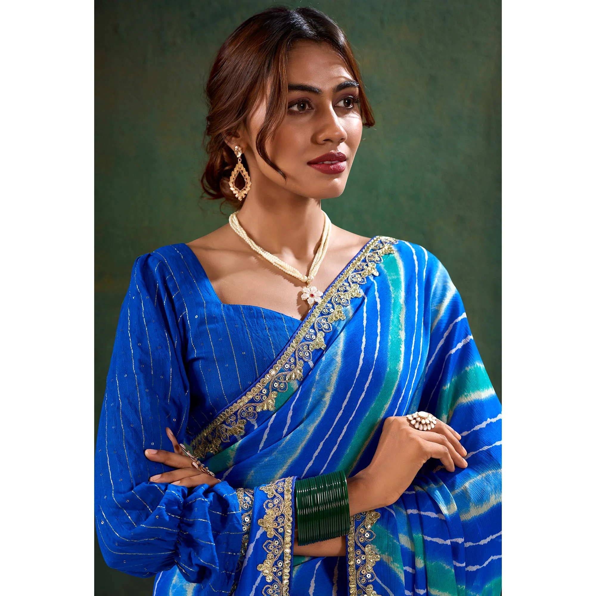 Blue Printed Chiffon Saree With Sequins Border - Image 6