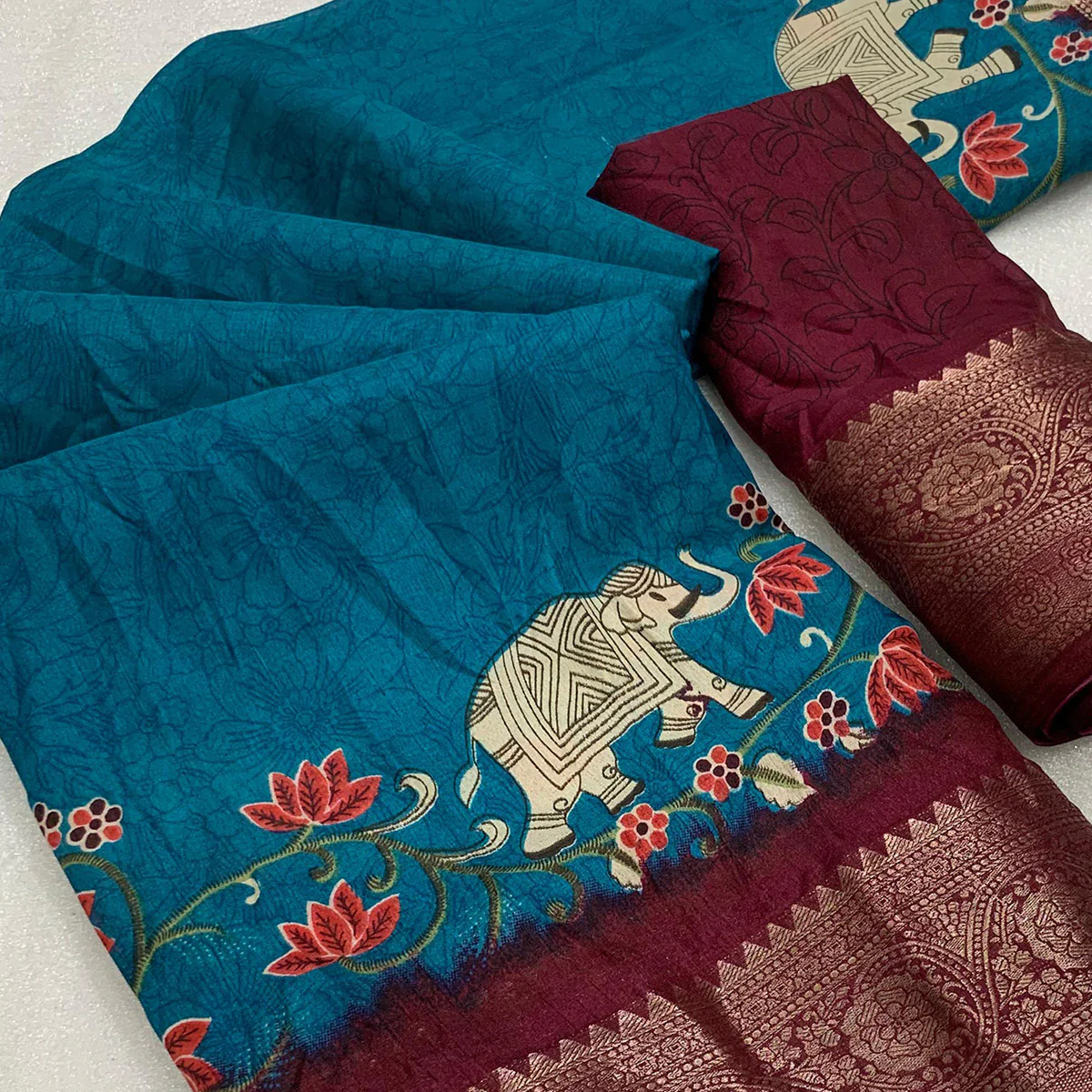 Blue Printed Dola Silk Saree - Image 2