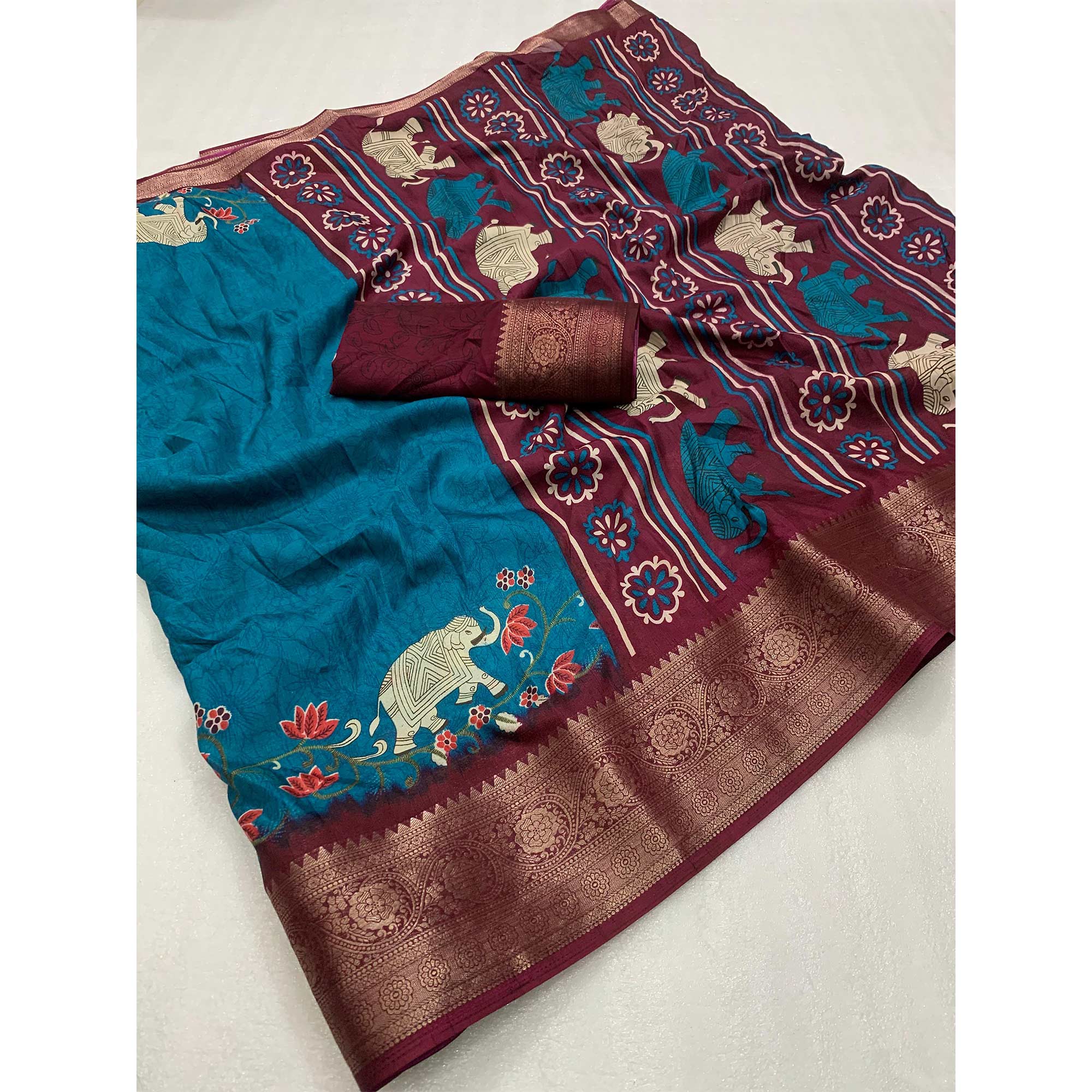 Blue Printed Dola Silk Saree - Image 3
