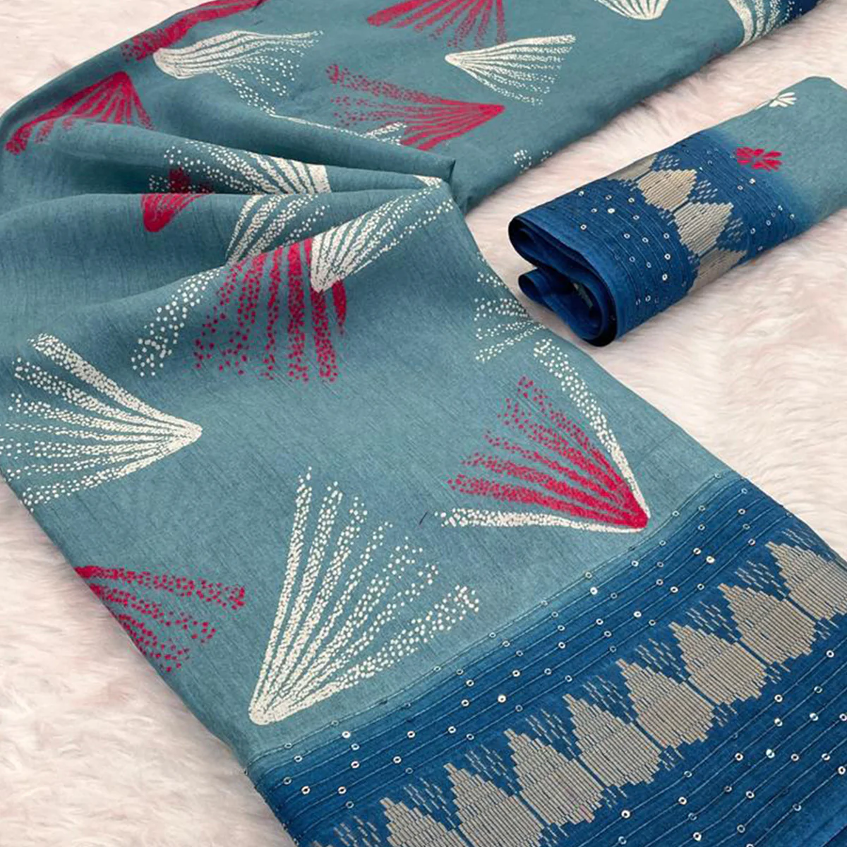 Blue Printed Dola Silk Saree with Contrast Woven Border Charm - Image 2