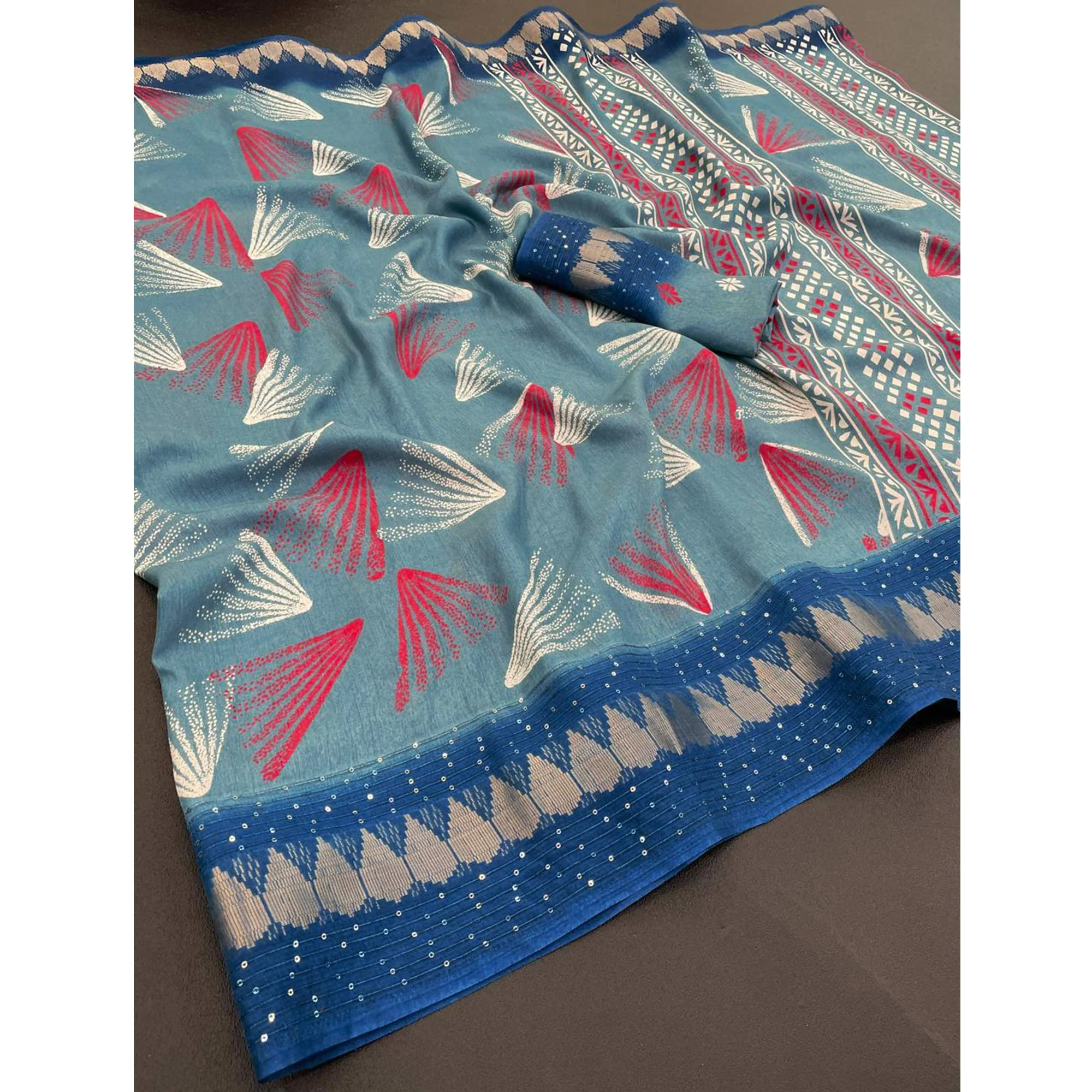 Blue Printed Dola Silk Saree with Contrast Woven Border Charm - Image 3