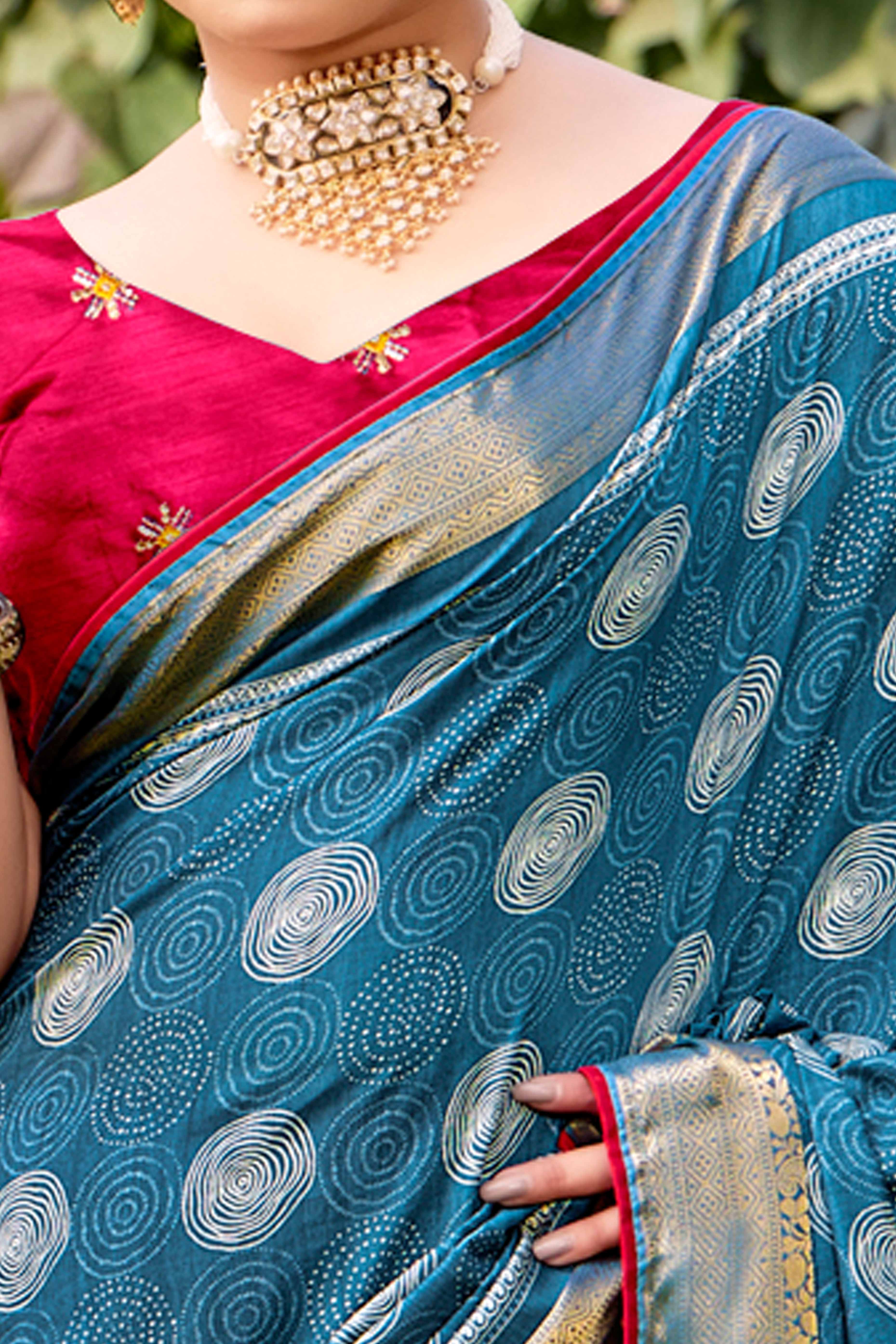 Blue Printed Dola Silk Saree With Ornate Zari Border & Tassel Pallu - Image 2