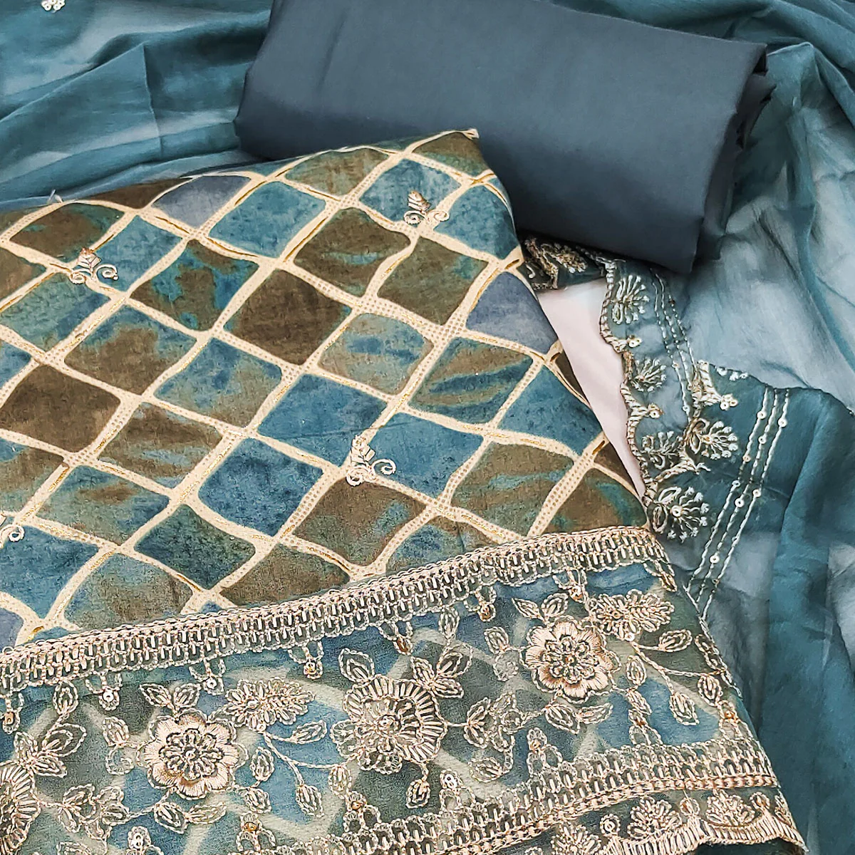 Blue Printed Dress Material In Pure Cotton With Intricate Sequins Embroidery Work - Image 2