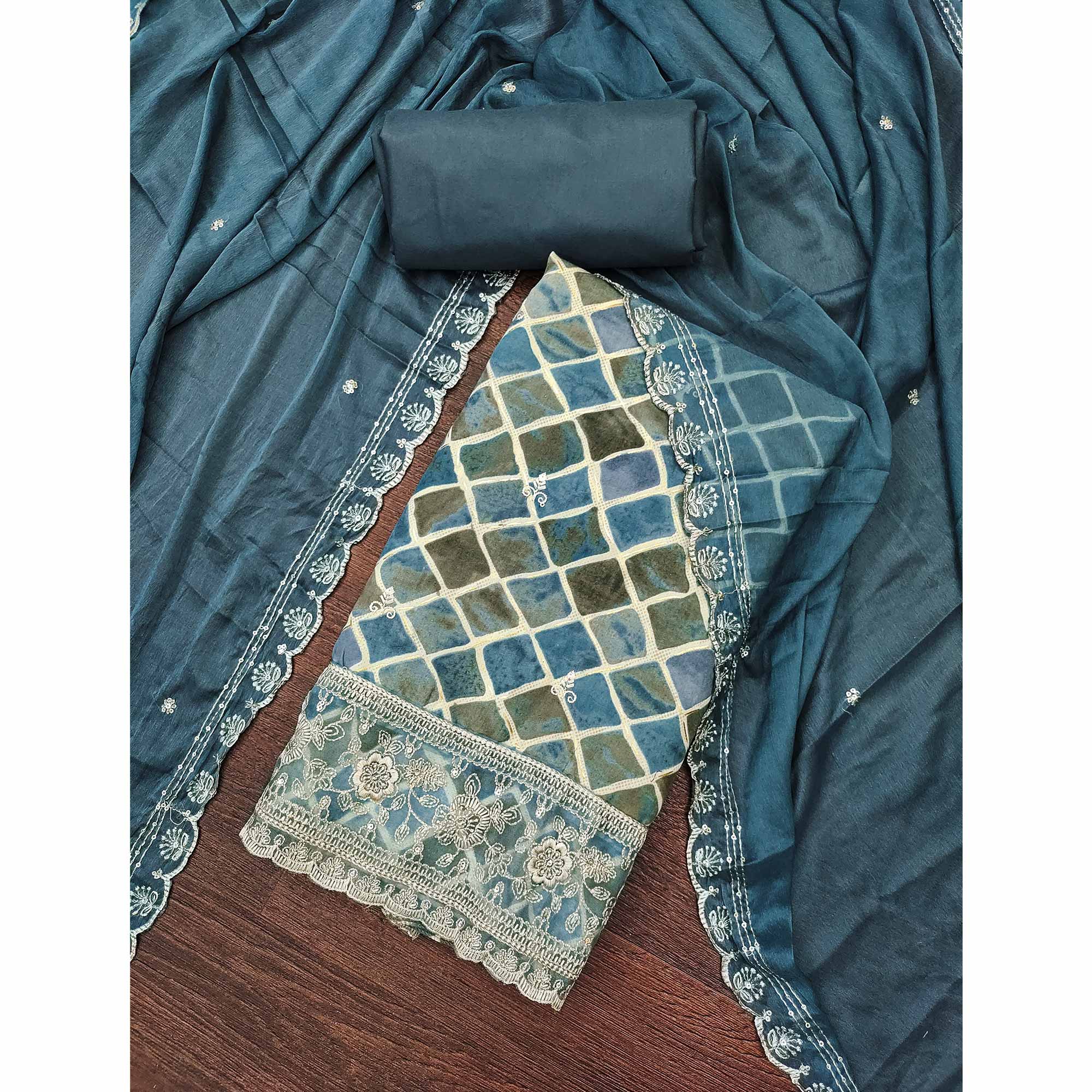 Blue Printed Dress Material In Pure Cotton With Intricate Sequins Embroidery Work - Image 3