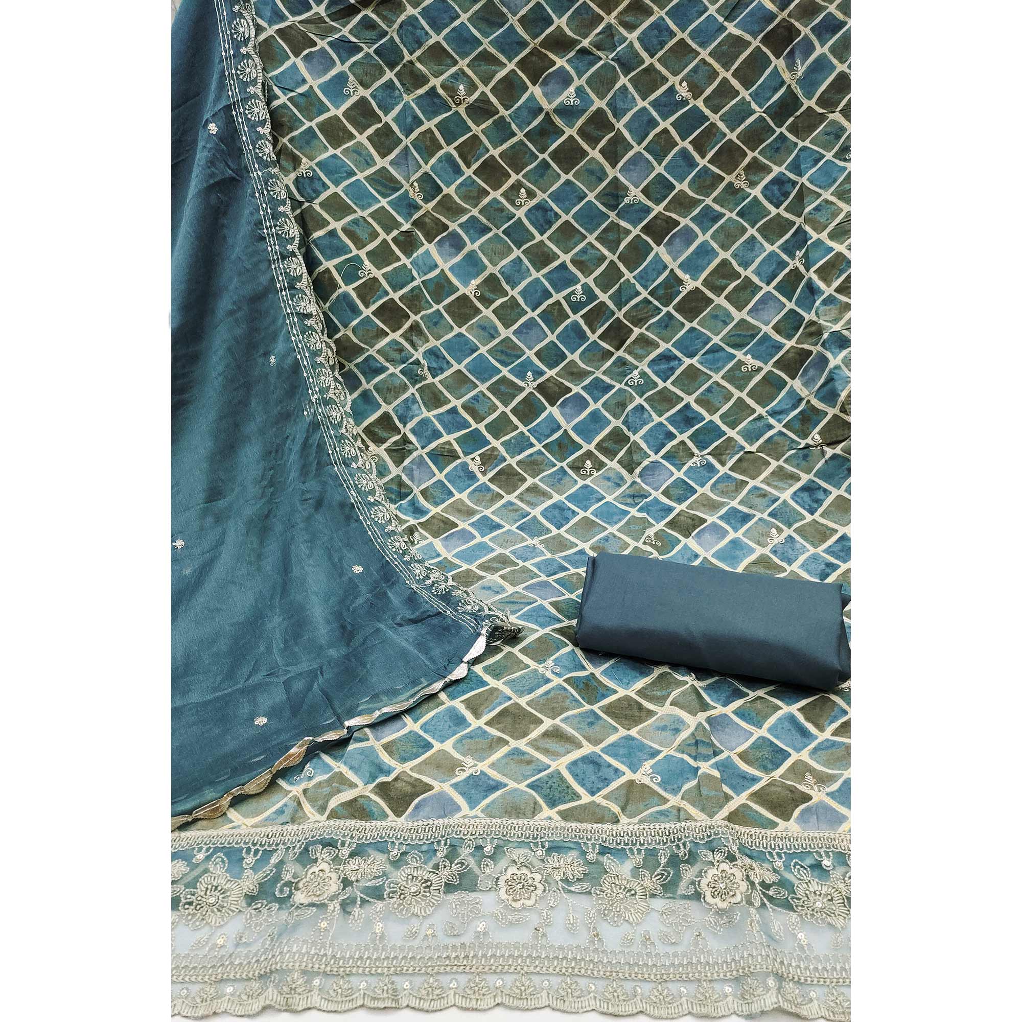 Blue Printed Dress Material In Pure Cotton With Intricate Sequins Embroidery Work - Image 4