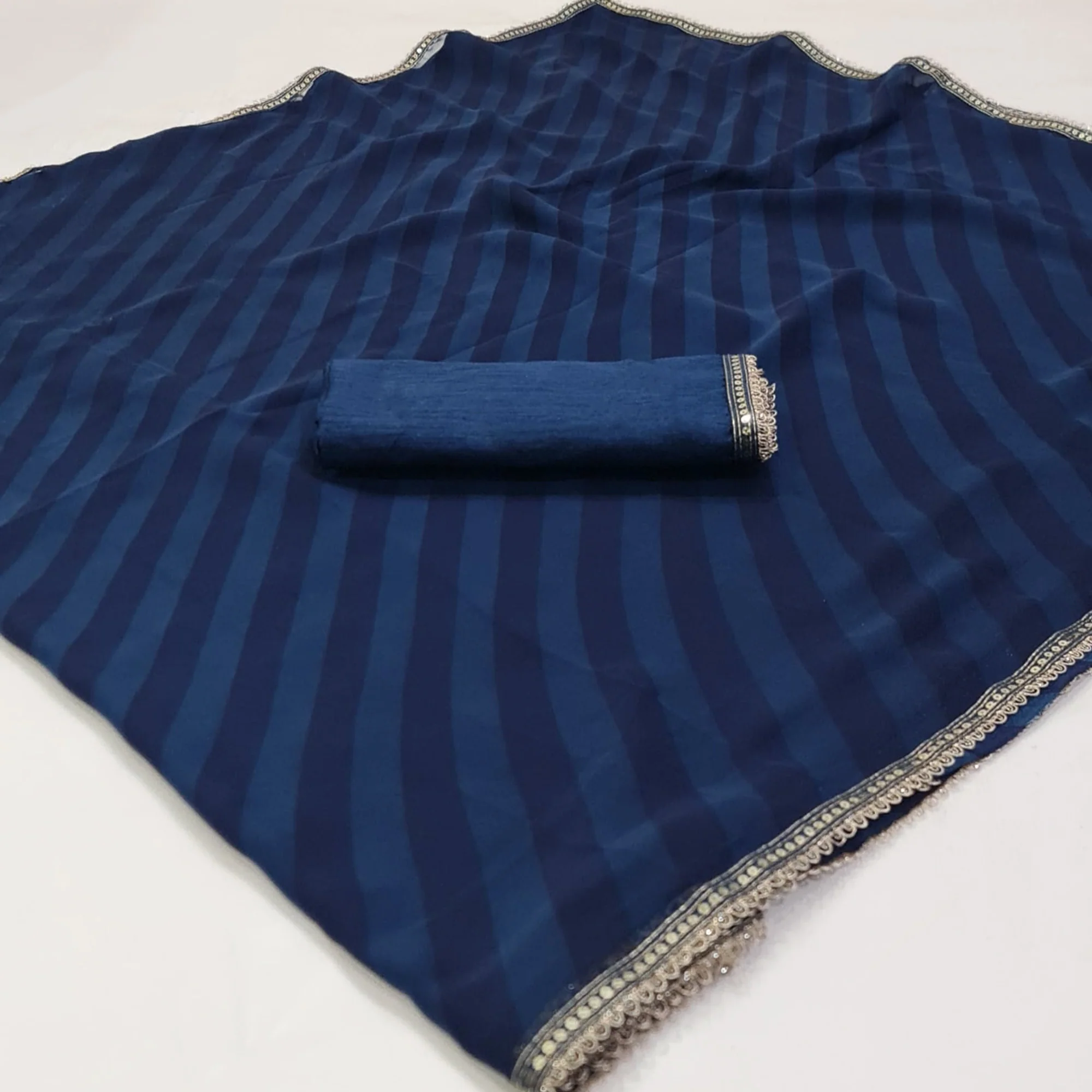 Blue Printed Georgette Saree With Lace Border - Image 3
