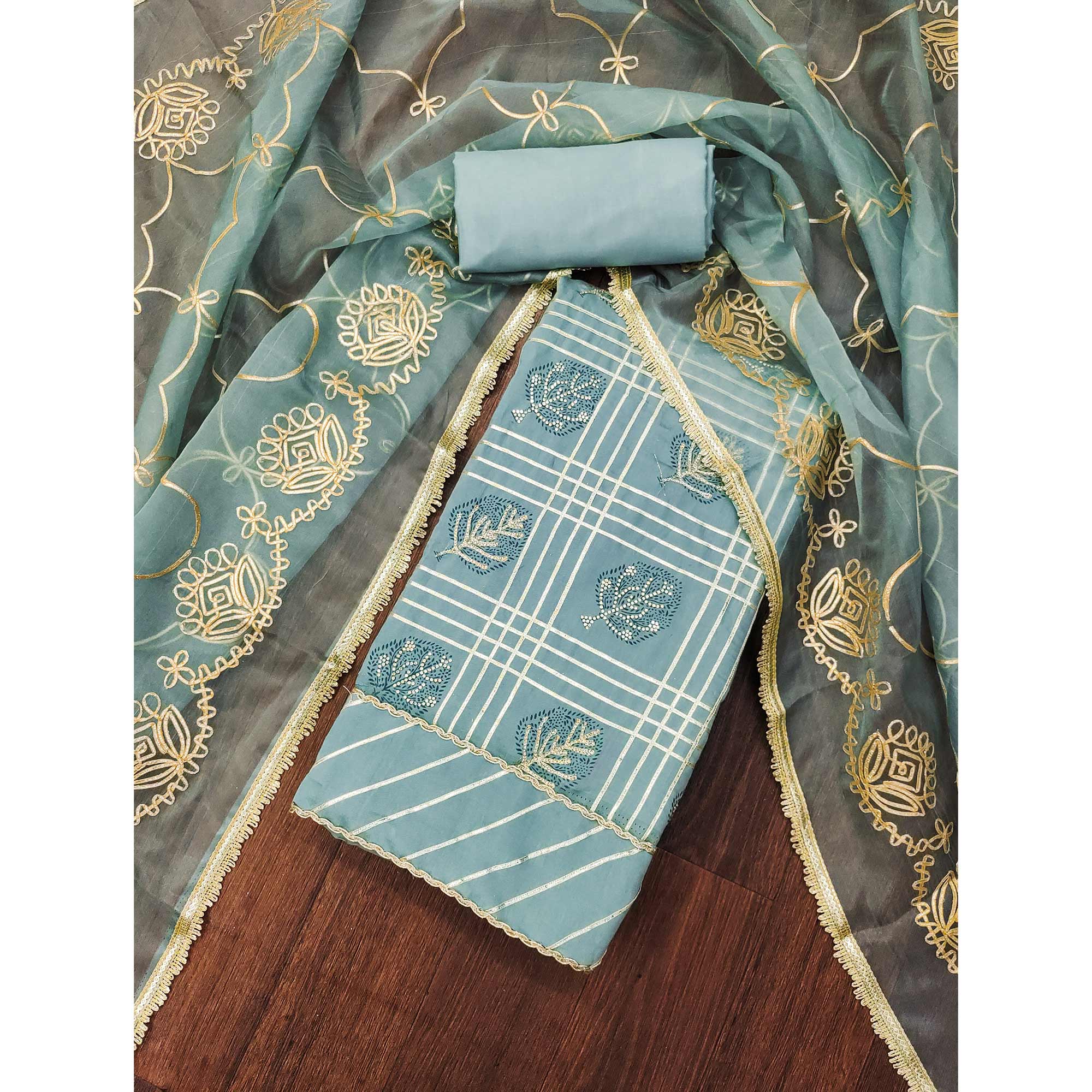 Blue Printed With Gota Patti & Stonework Roman Cotton Silk Dress Material - Image 3