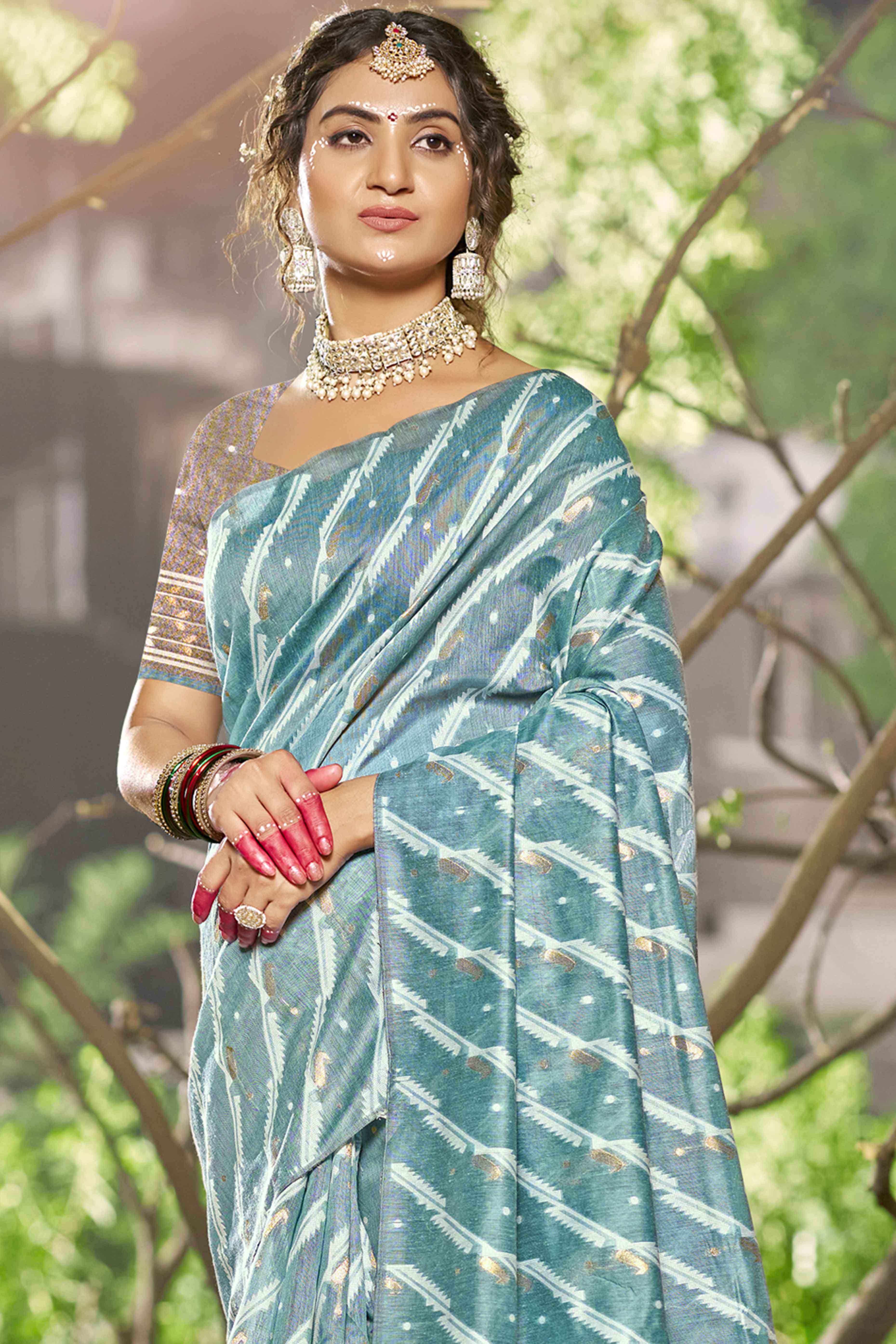 Blue Printed With Woven Linen Cotton Saree With Tassels - Image 3