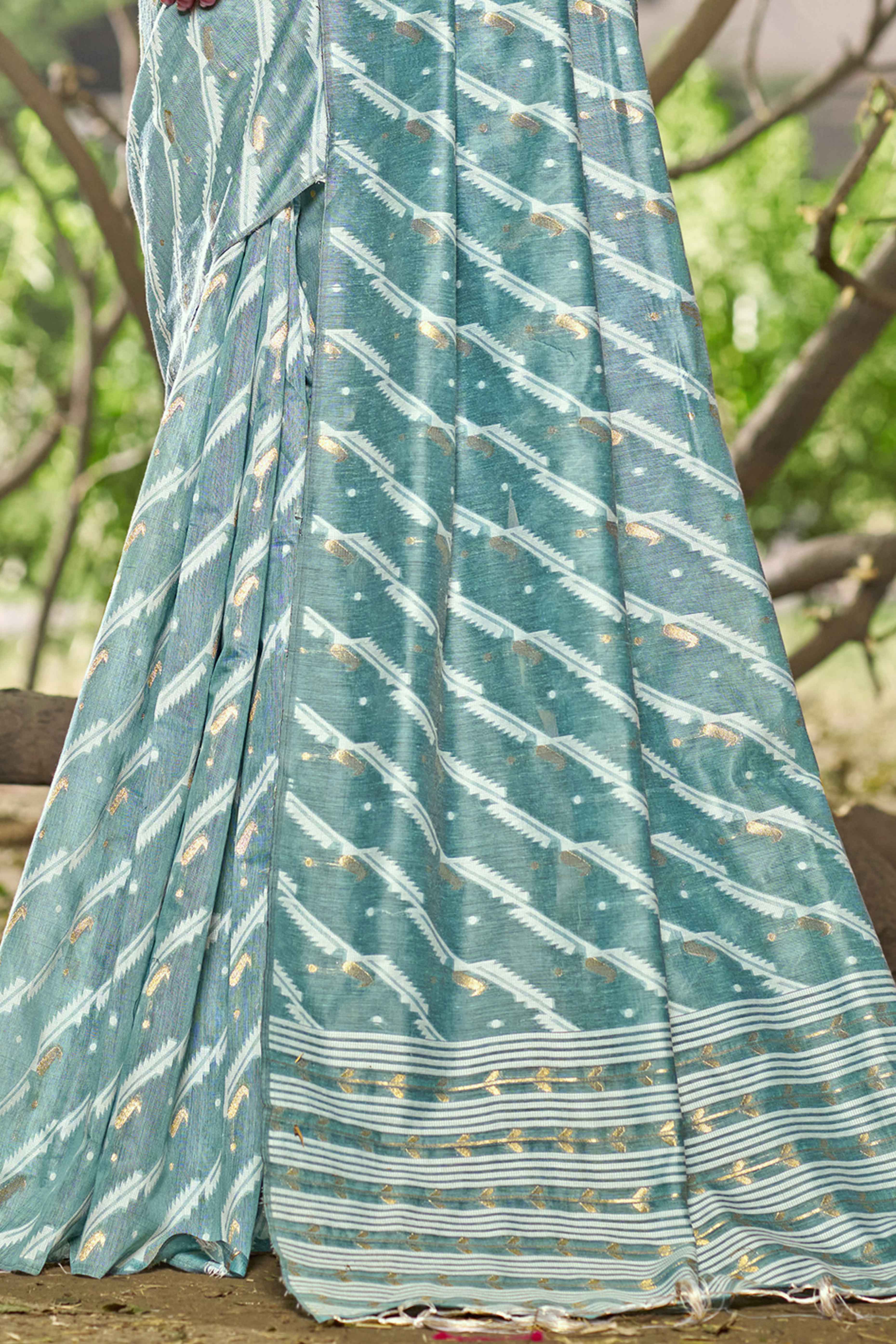 Blue Printed With Woven Linen Cotton Saree With Tassels - Image 4