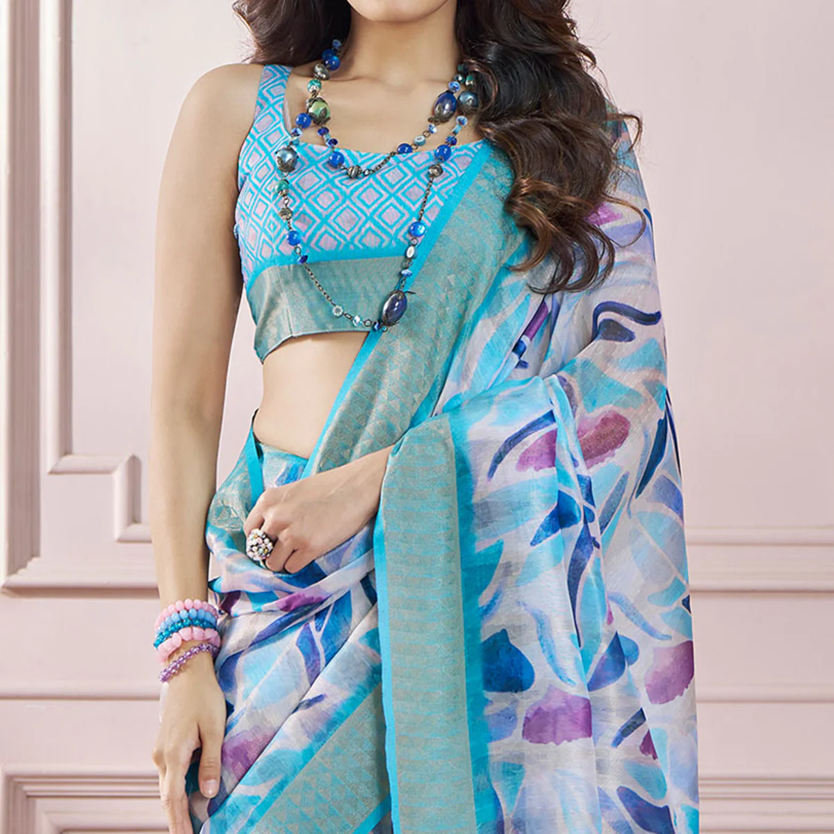 Blue Printed Woven Soft Banarasi Silk Saree - Image 3