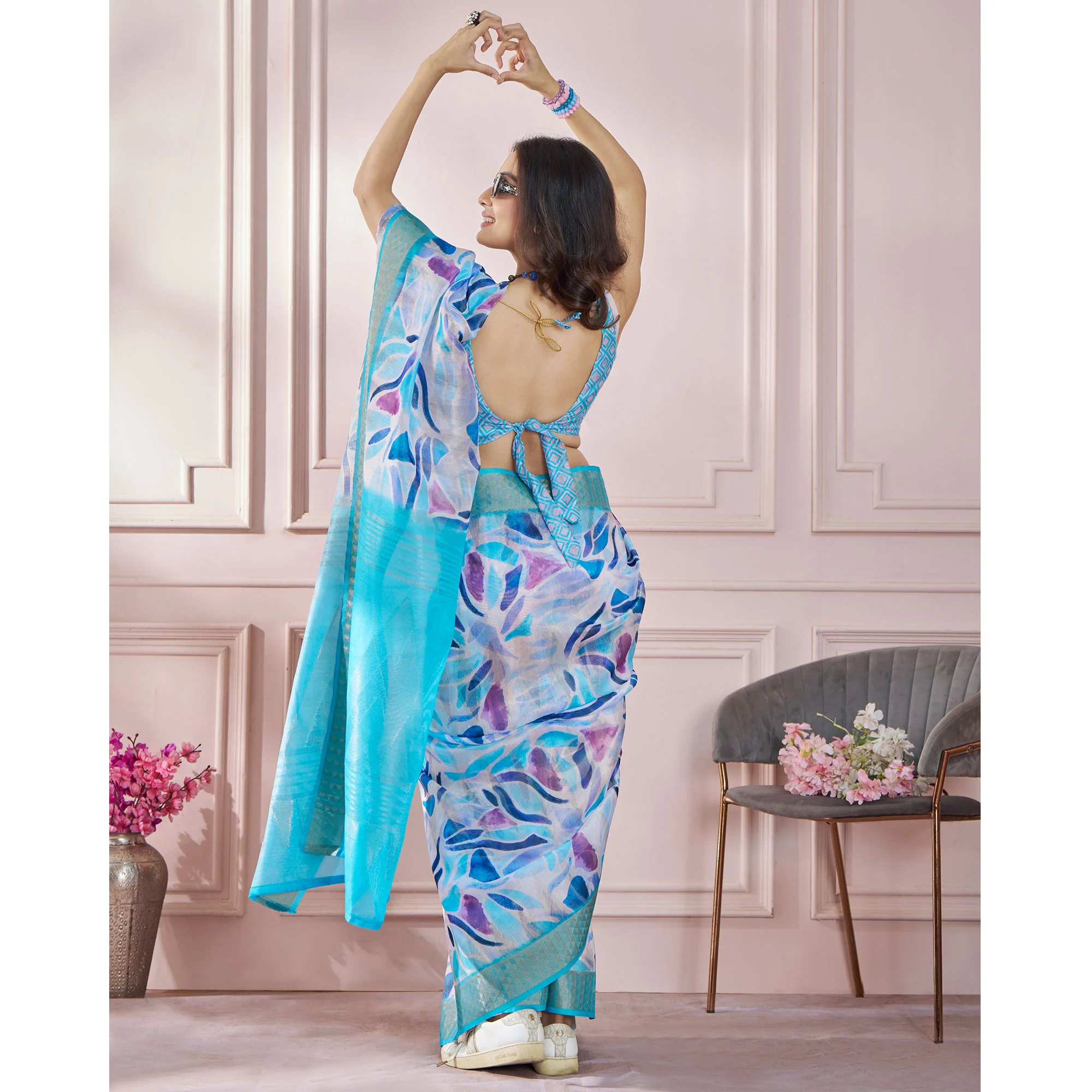 Blue Printed Woven Soft Banarasi Silk Saree - Image 5
