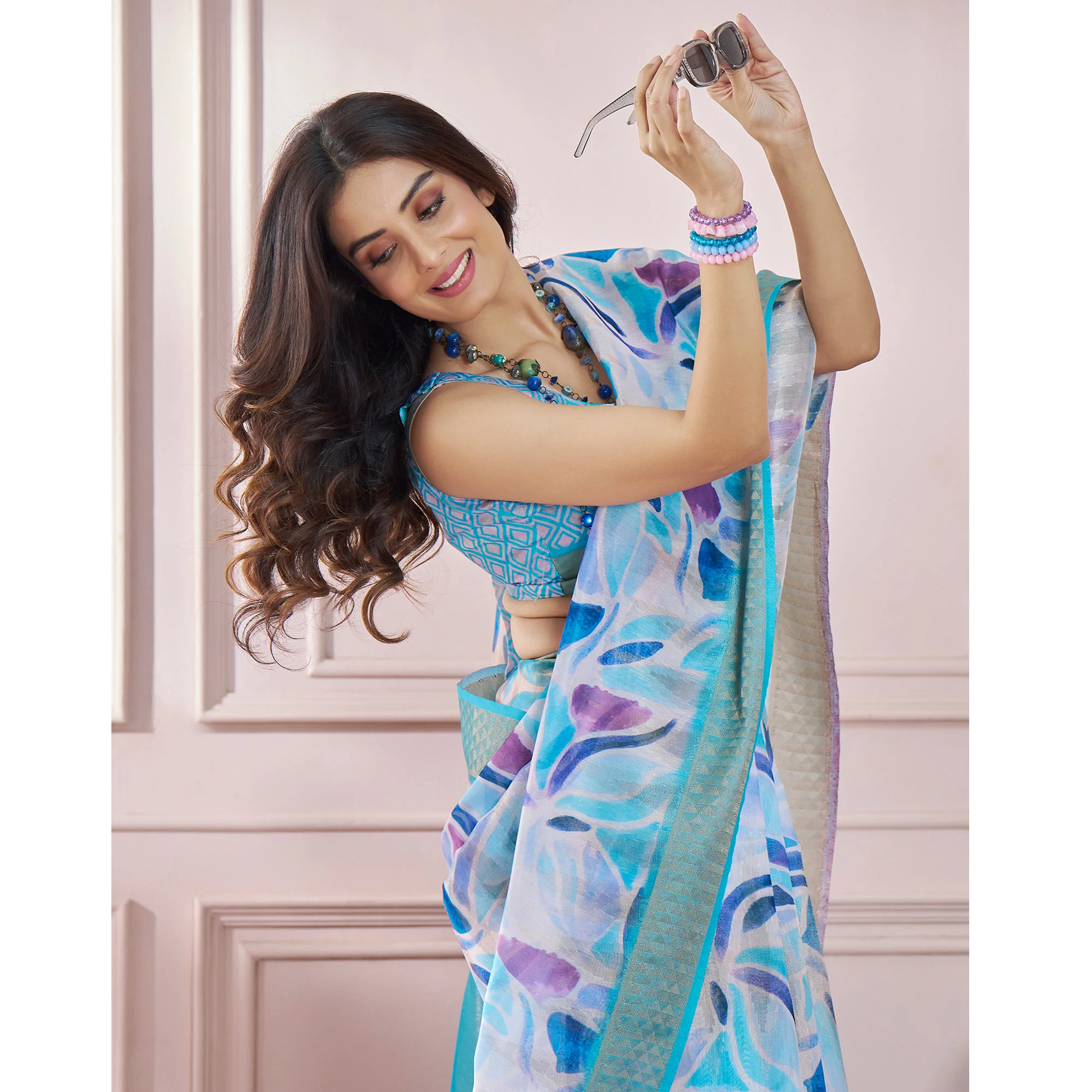 Blue Printed Woven Soft Banarasi Silk Saree - Image 7
