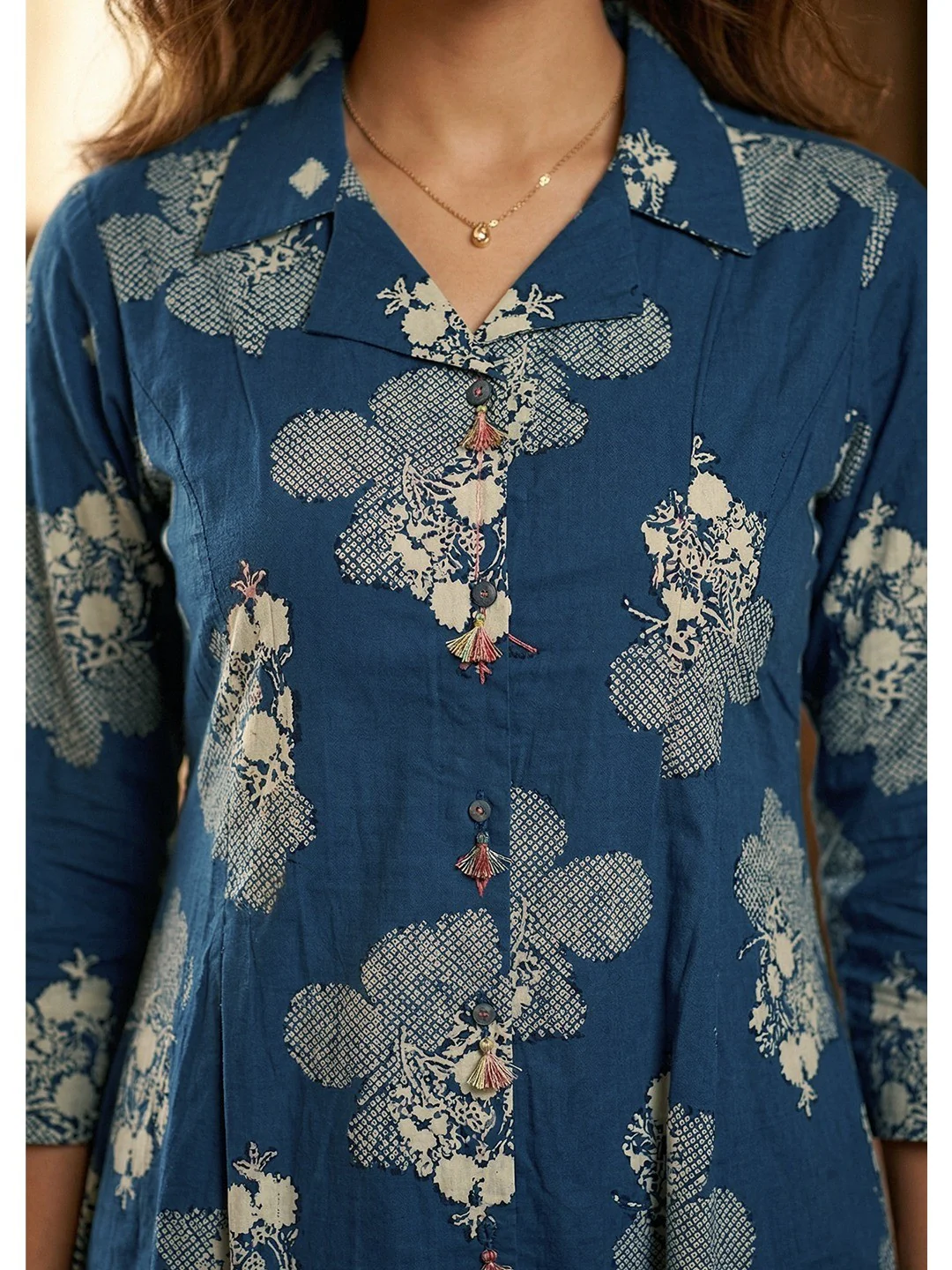 Blue Pure Cotton A-Line Top and Bottom Set with Subtle Floral Prints - Image 3