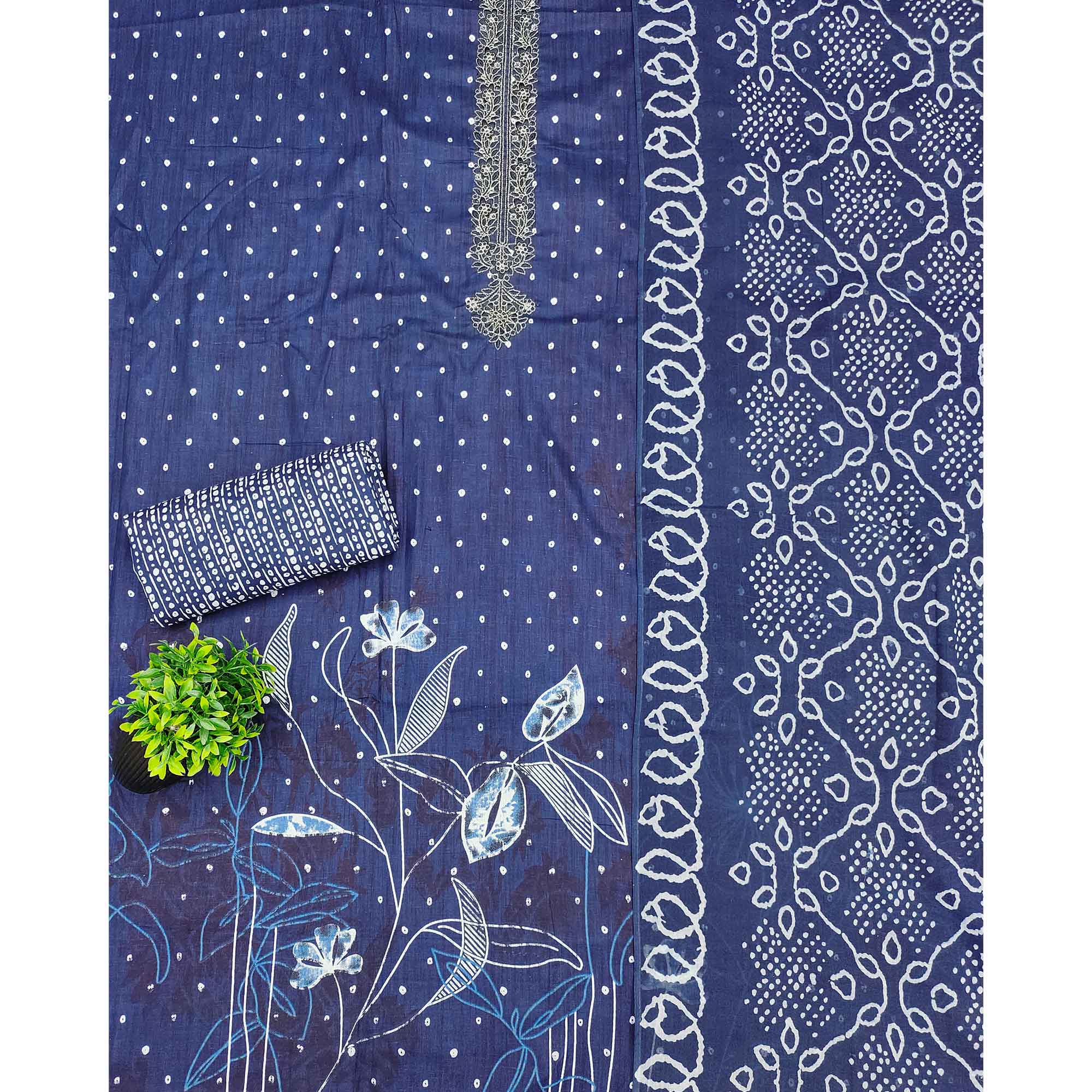 Blue Pure Cotton Dress Material Showcasing Floral & Bandhani Prints With Elegant Neck Embroidery - Image 3