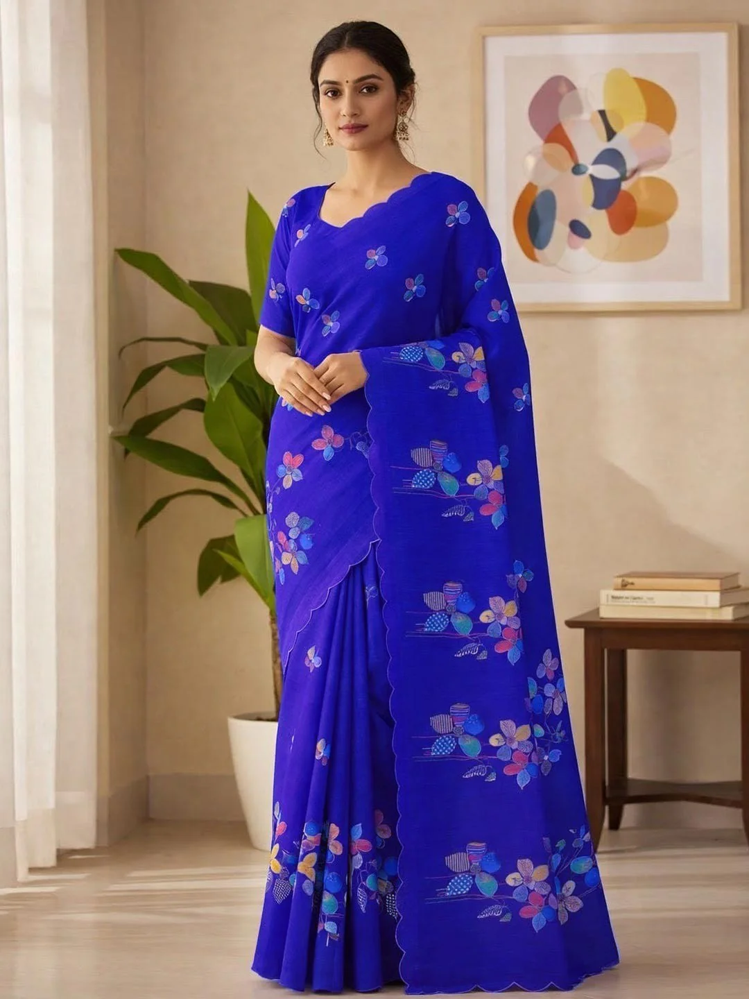 Blue Pure Linen Saree Adorned with Soft Floral Patterns