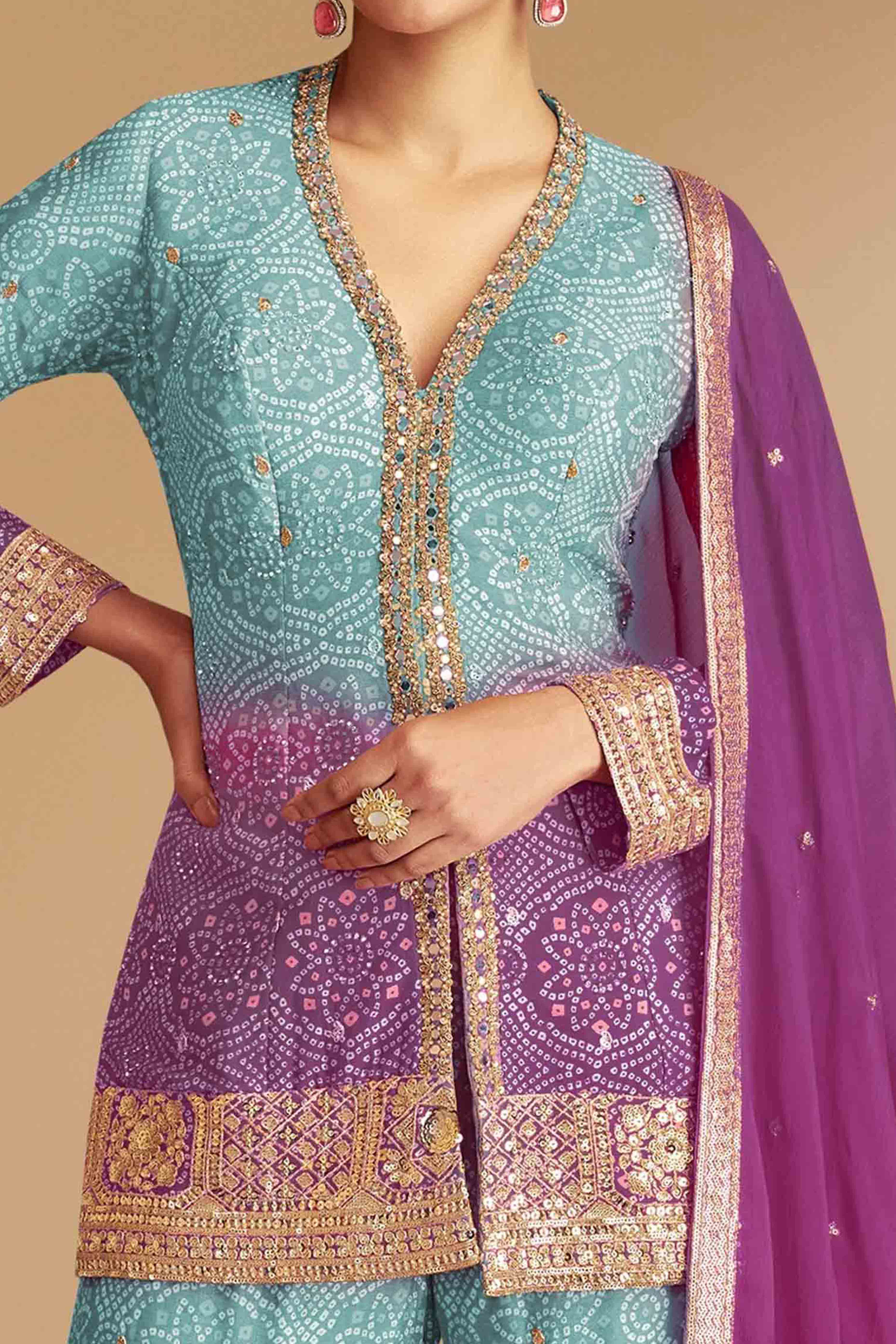 Blue & Purple Bandhani Print With Sequins Embroidered Chinon Palazzo Suit - Image 2