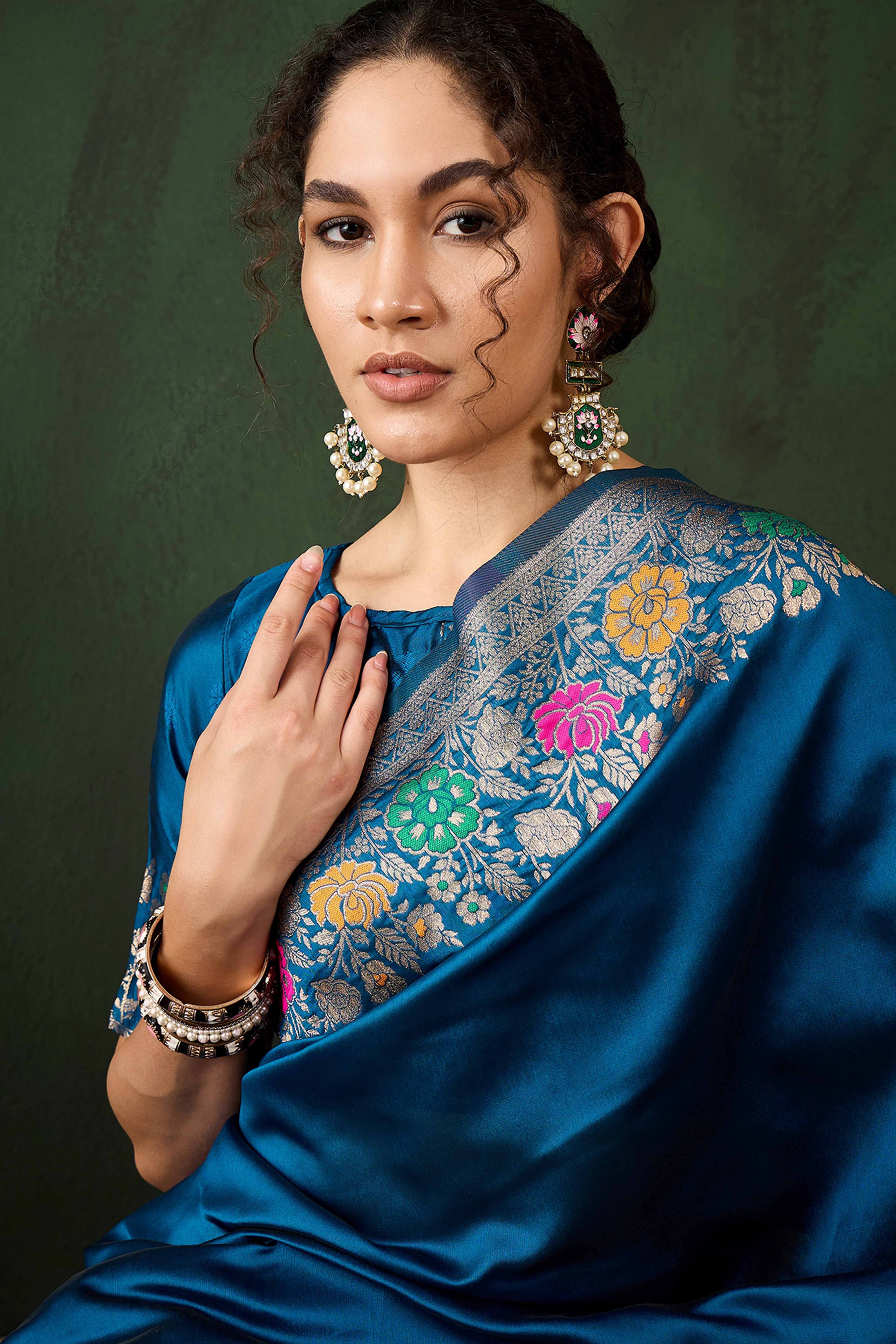 Blue Saree In Poly Silk Blend Featuring Floral Zari Weaving & Tassel Accents - Image 6