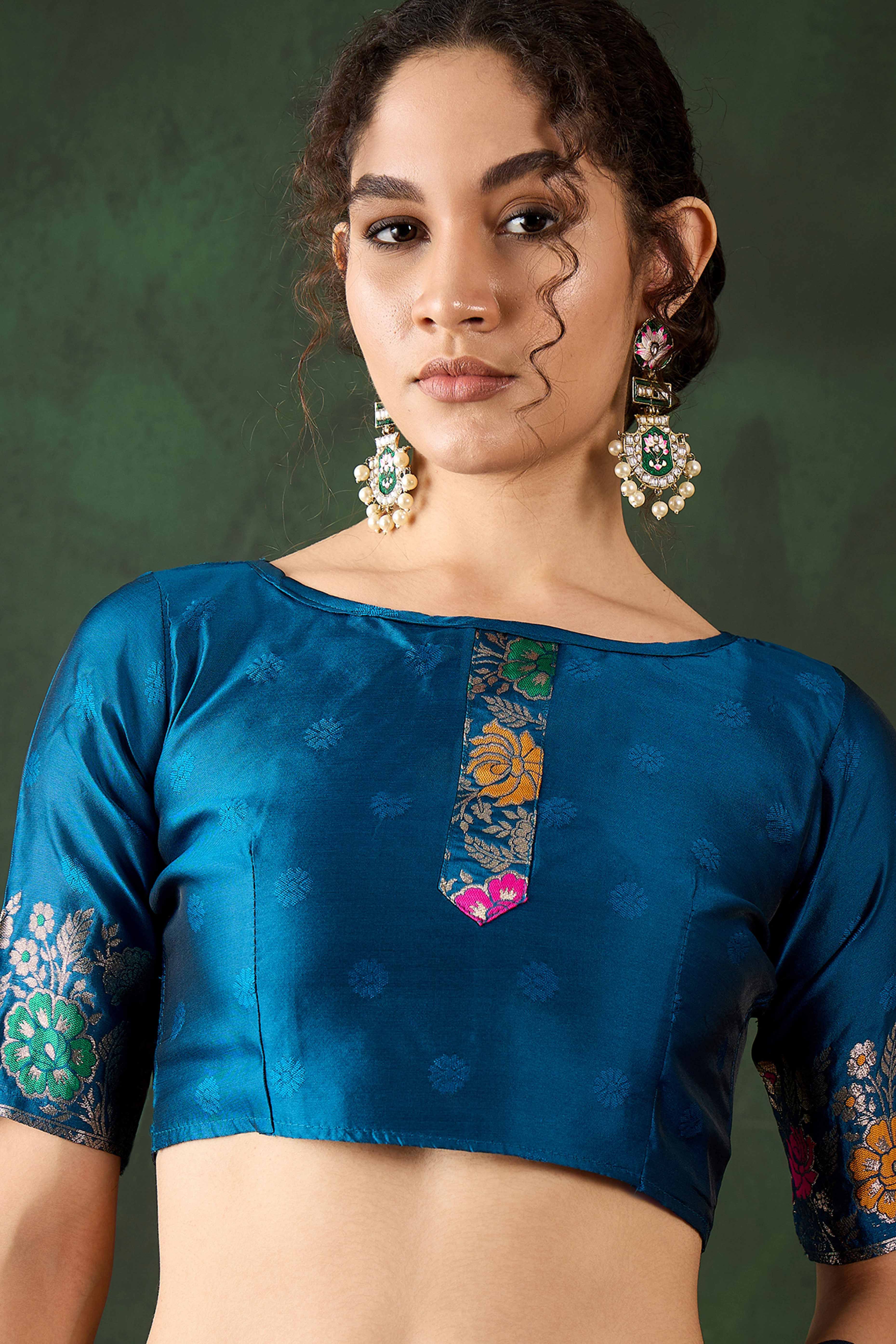 Blue Saree In Poly Silk Blend Featuring Floral Zari Weaving & Tassel Accents - Image 7