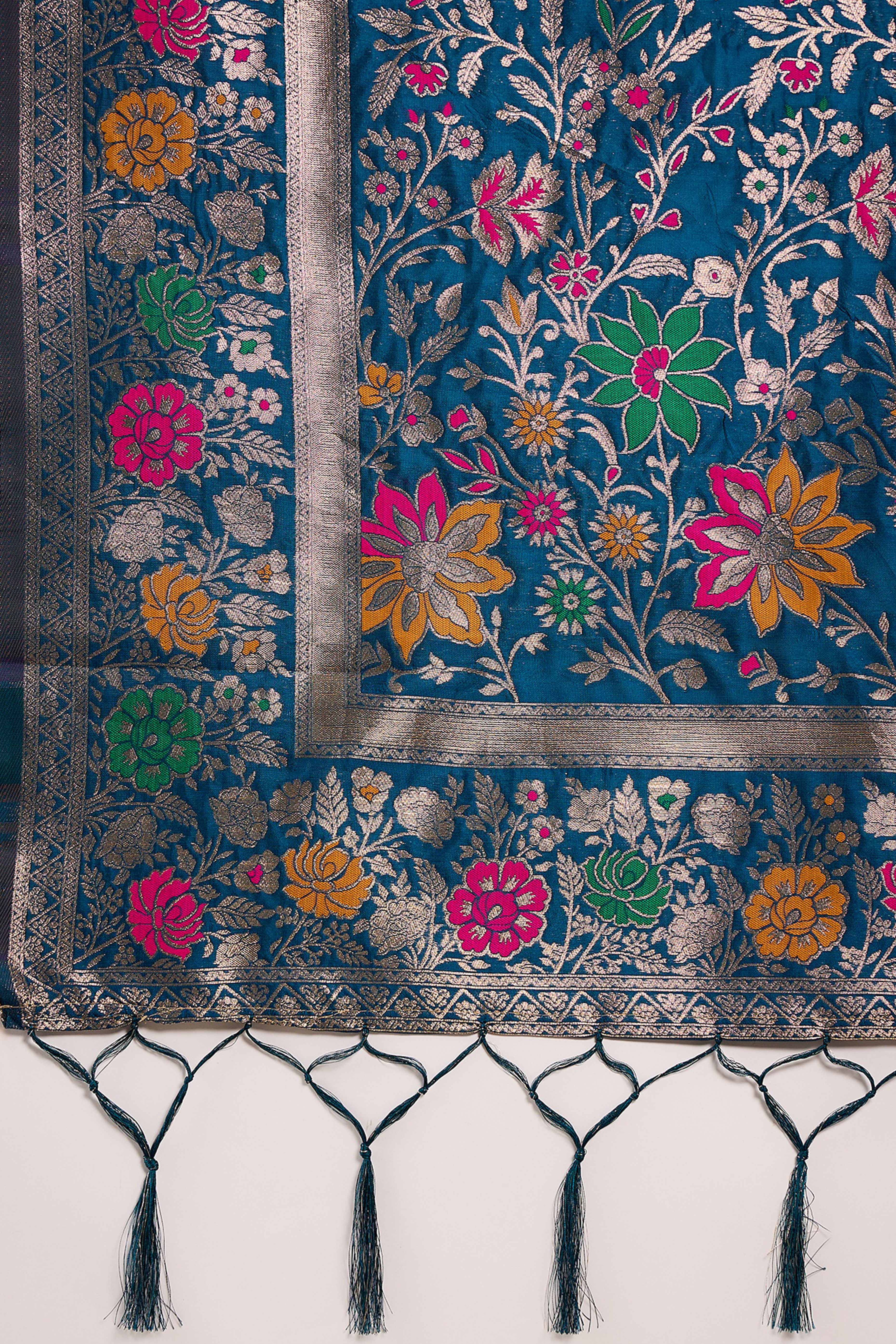Blue Saree In Poly Silk Blend Featuring Floral Zari Weaving & Tassel Accents - Image 8