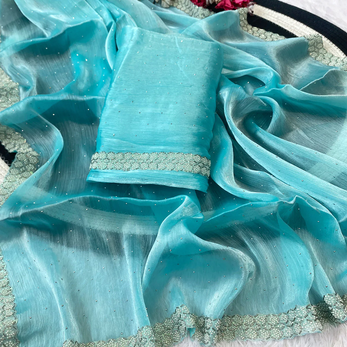 Blue Satin Burberry Saree Adorned With Sparkling Swarovski & Elegant Moti Work Border - Image 2