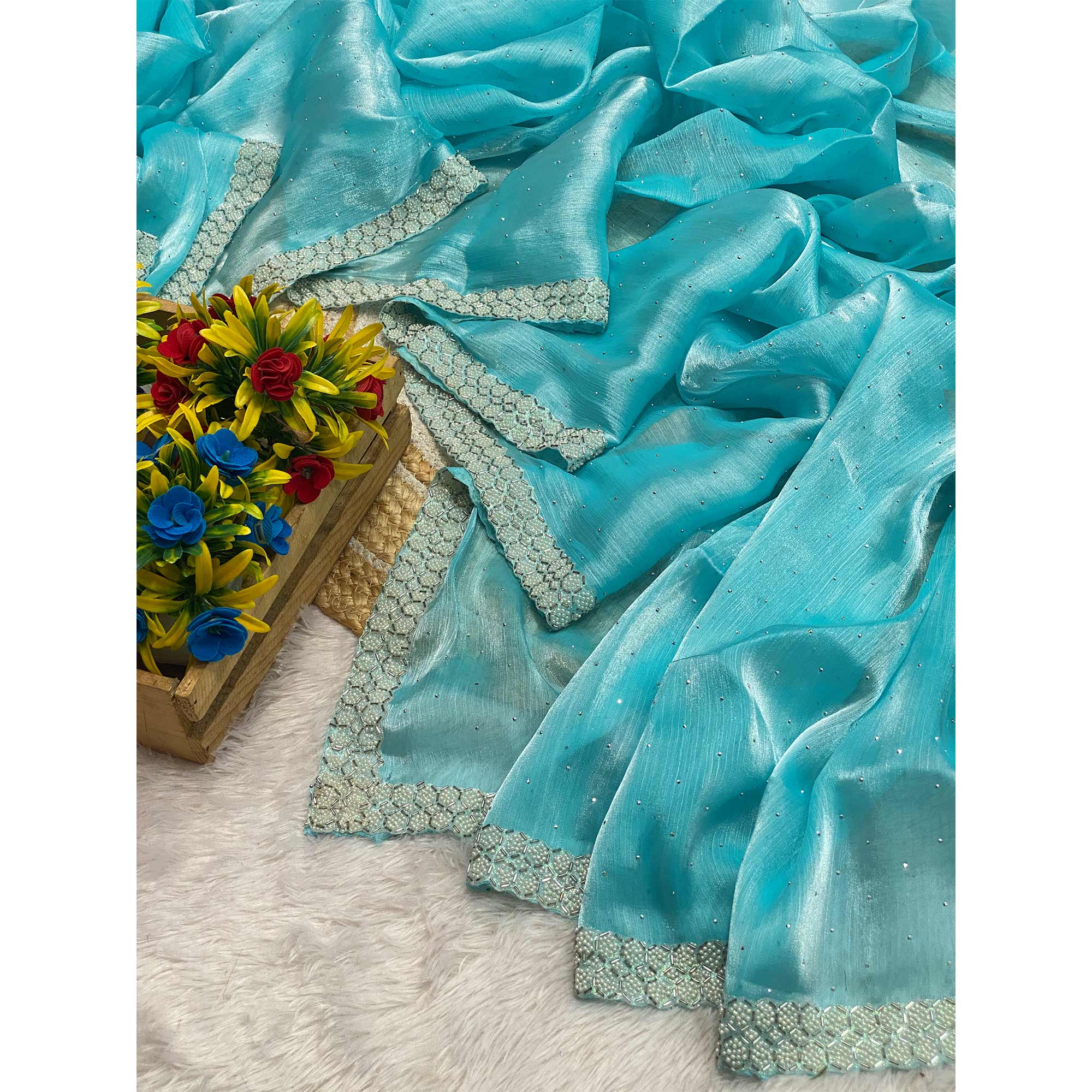 Blue Satin Burberry Saree Adorned With Sparkling Swarovski & Elegant Moti Work Border - Image 3