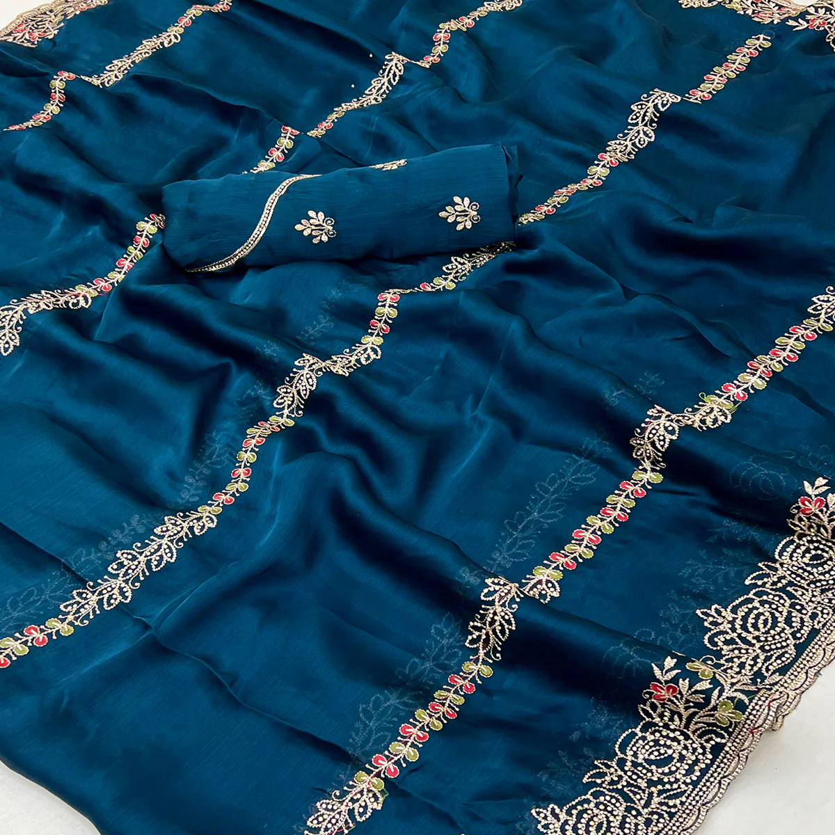 Blue Satin Chiffon Saree Adorned with Intricate Floral Embroidery - Image 2