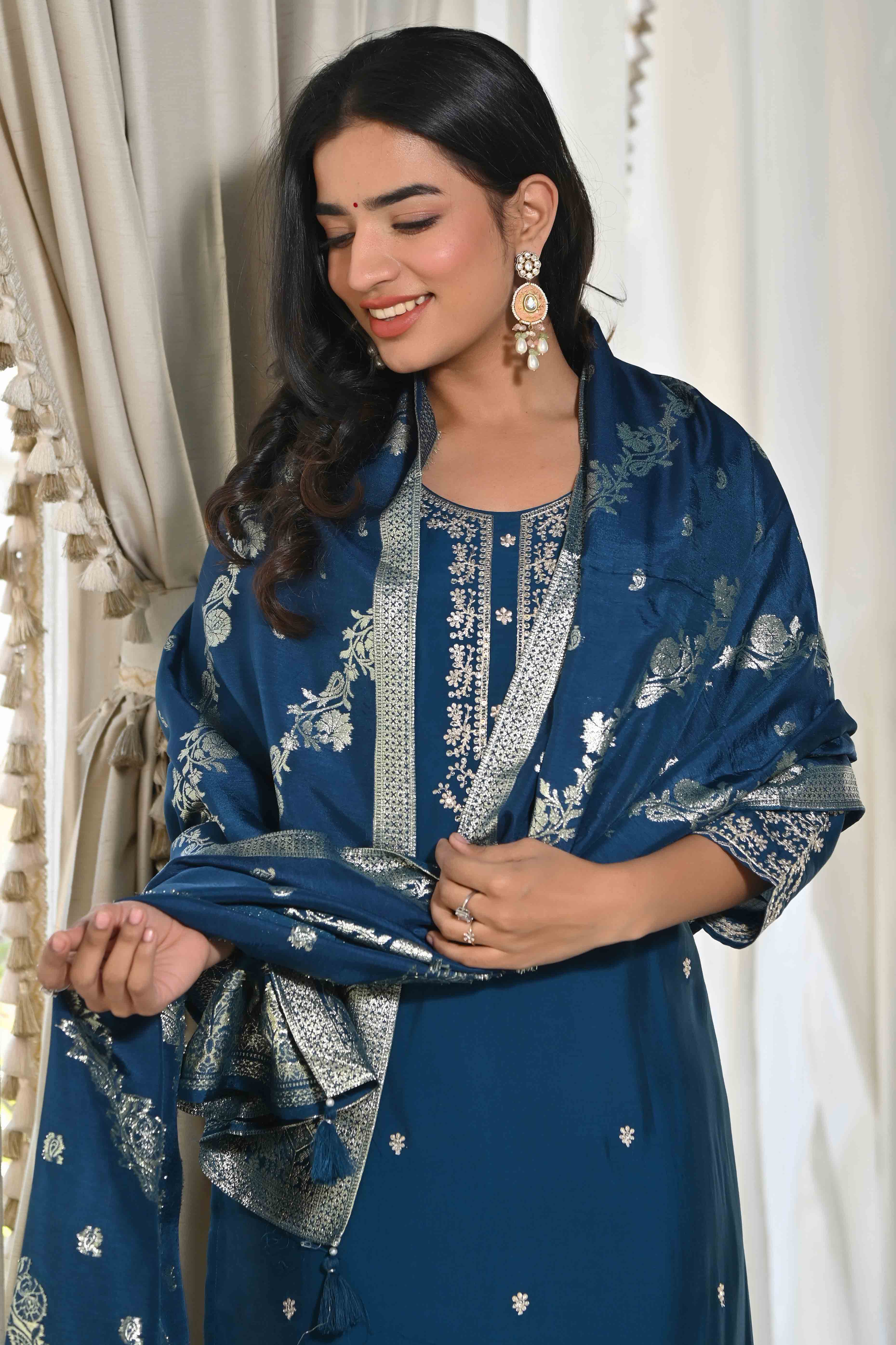 Blue Sequins Embroidered Chanderi Silk Salwar Suit - Image 8