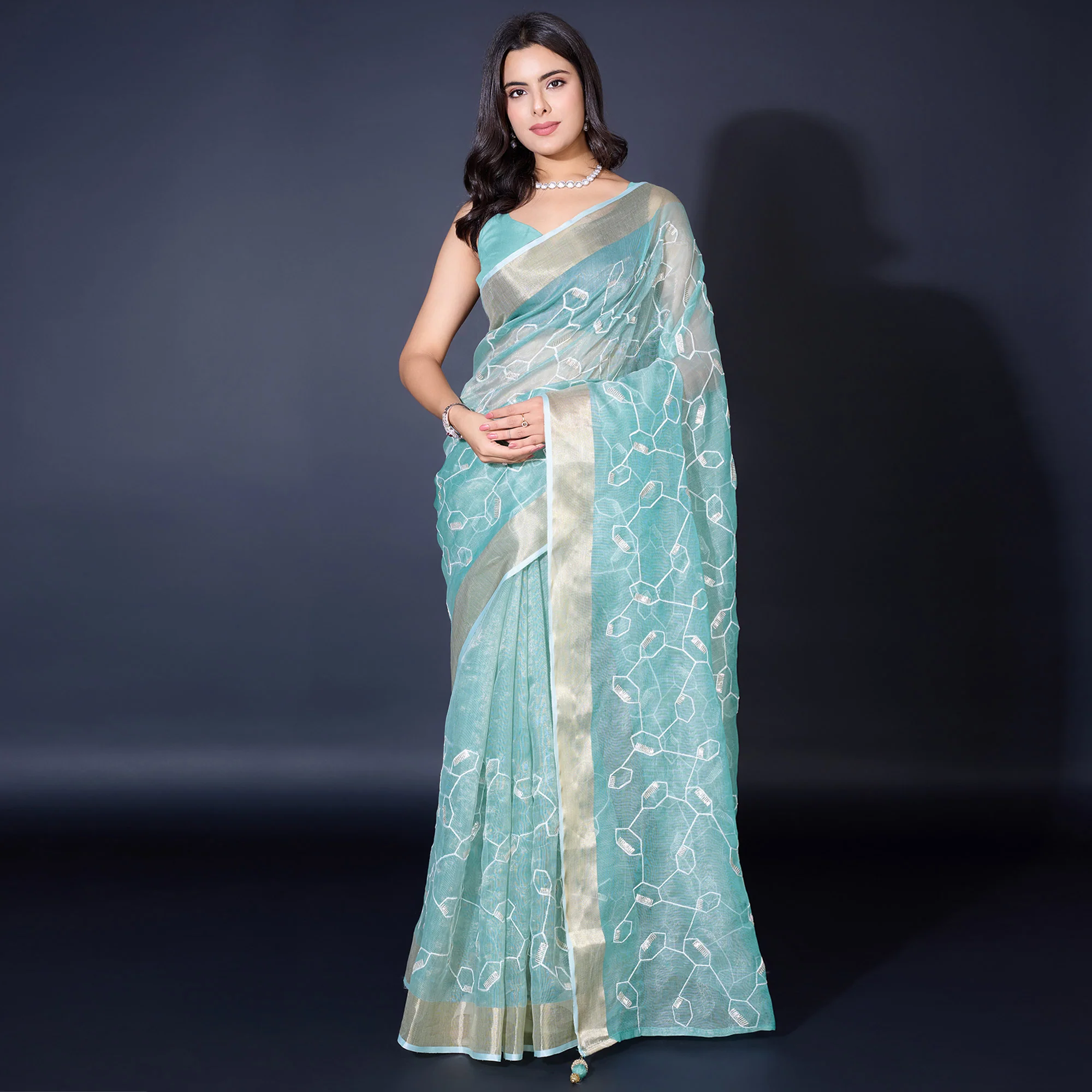 Blue Sequins Embroidered Cotton Silk Saree - Image 2