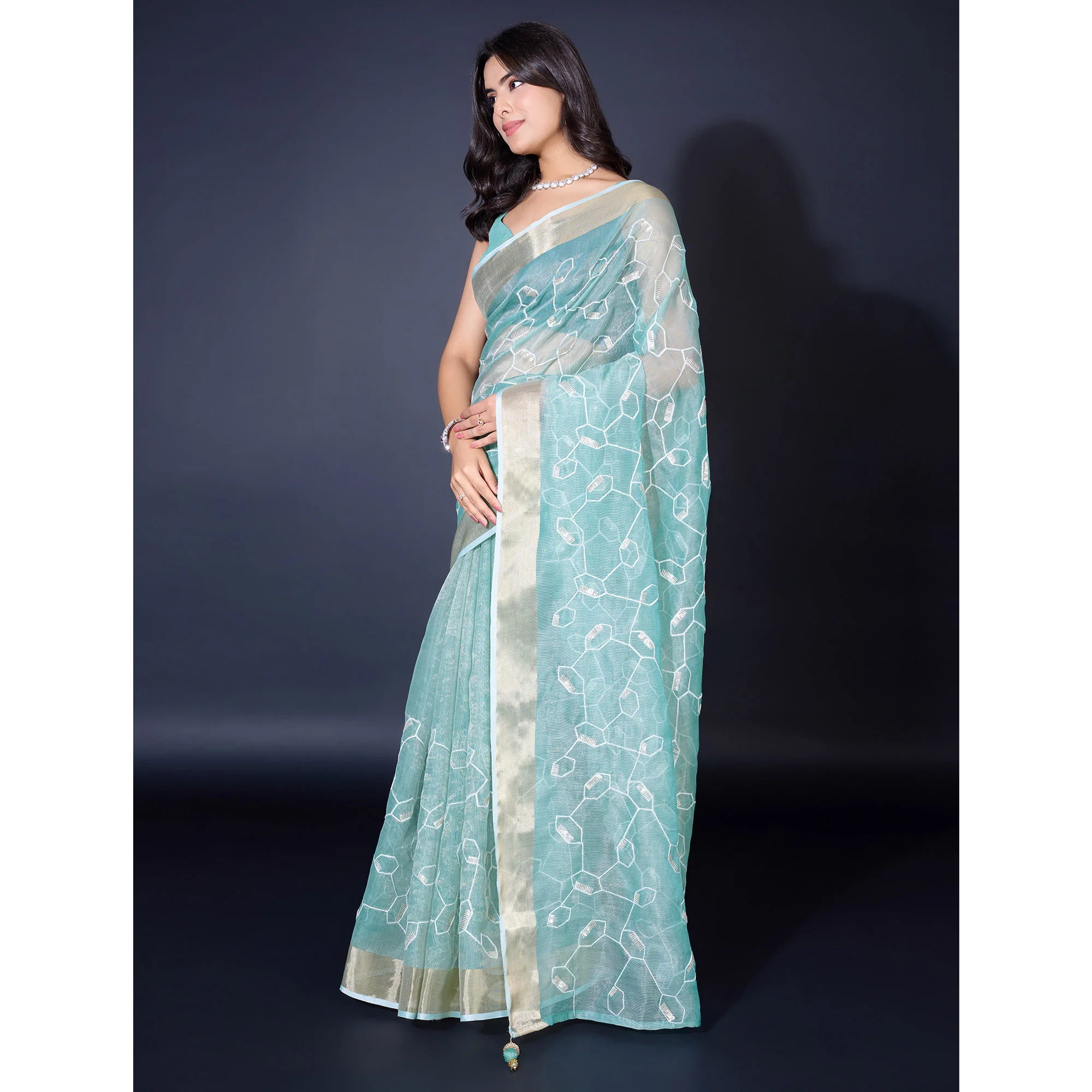 Blue Sequins Embroidered Cotton Silk Saree - Image 4