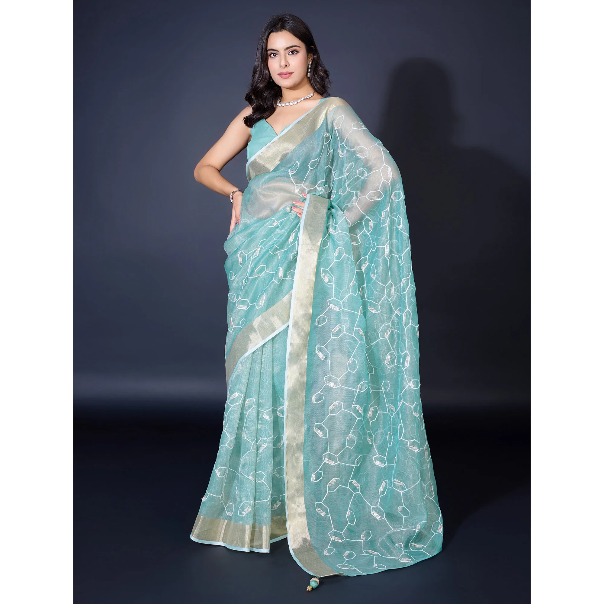 Blue Sequins Embroidered Cotton Silk Saree - Image 5