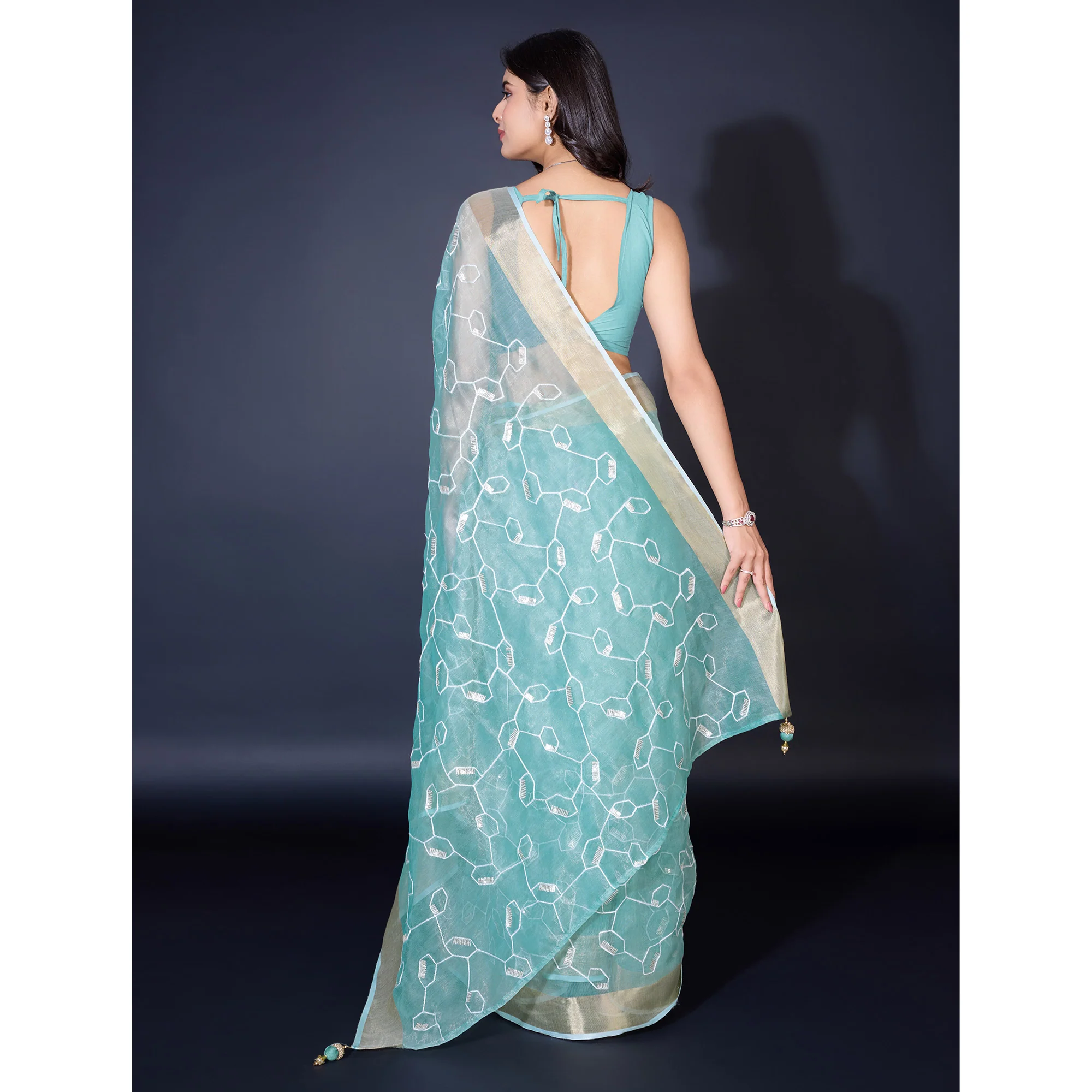 Blue Sequins Embroidered Cotton Silk Saree - Image 6