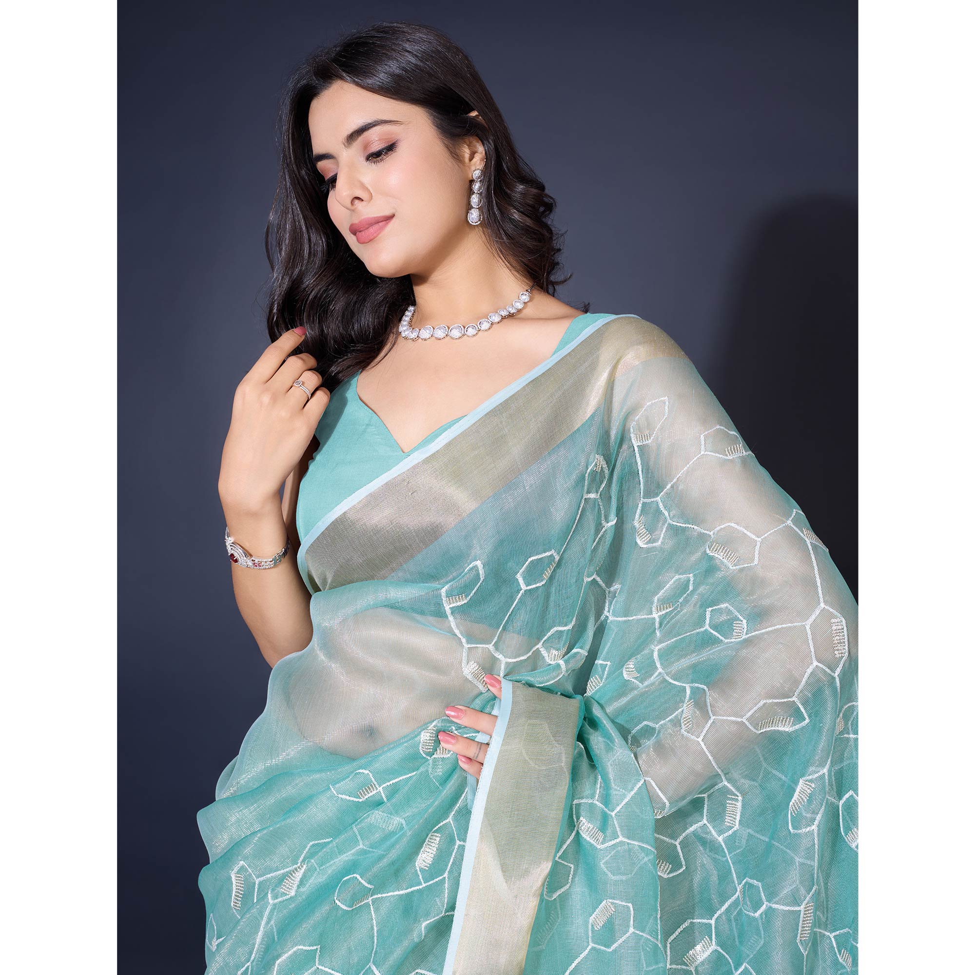 Blue Sequins Embroidered Cotton Silk Saree - Image 7