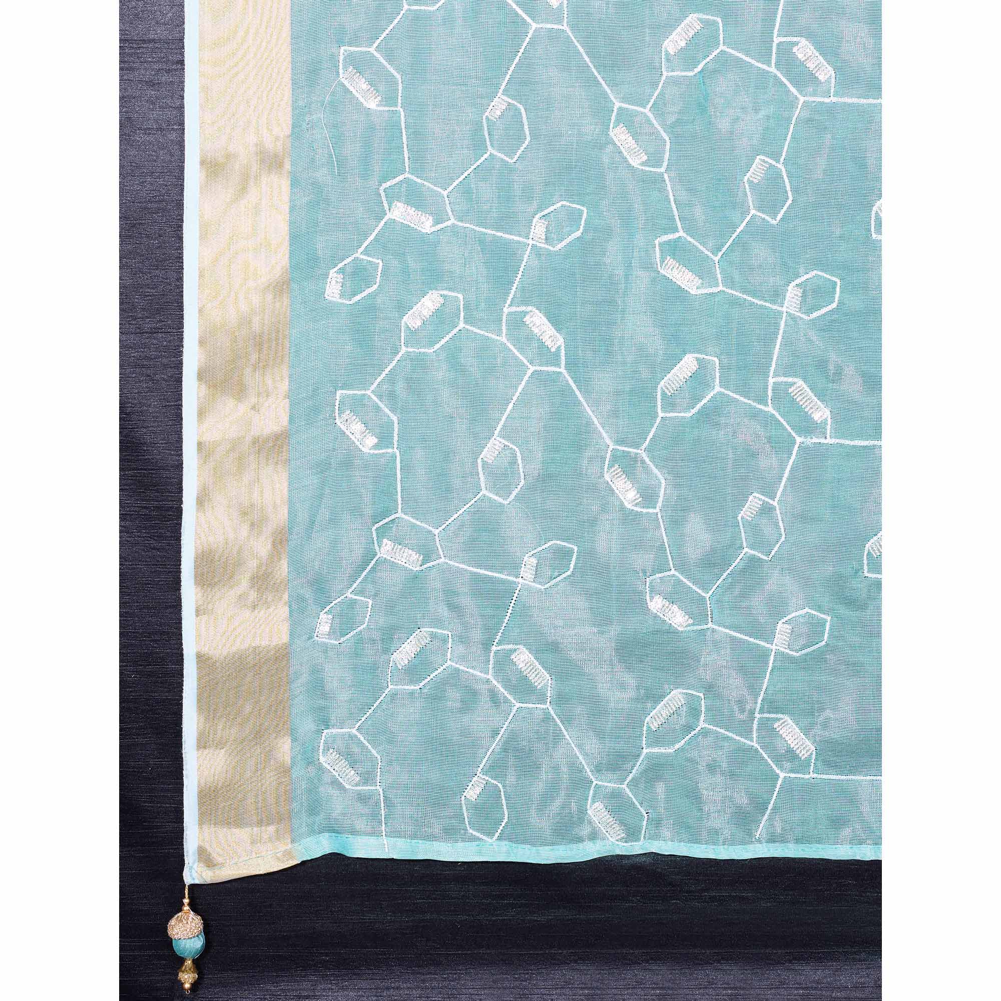 Blue Sequins Embroidered Cotton Silk Saree - Image 8