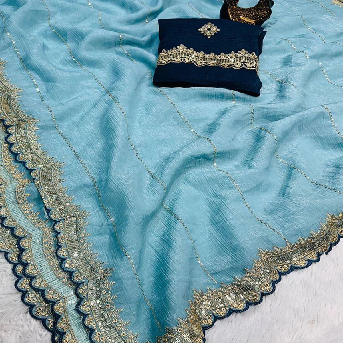 Blue Sequins Embroidered Tussar silk Saree - Image 2
