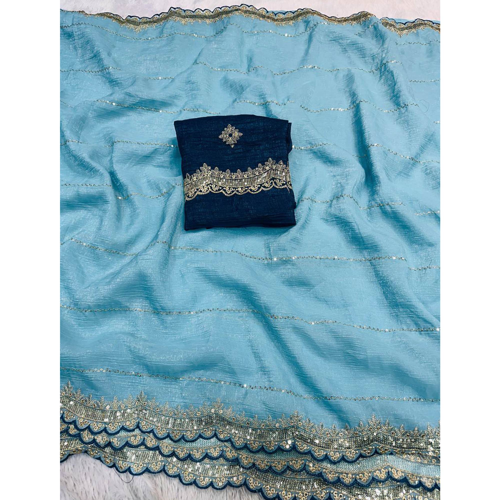 Blue Sequins Embroidered Tussar silk Saree - Image 3