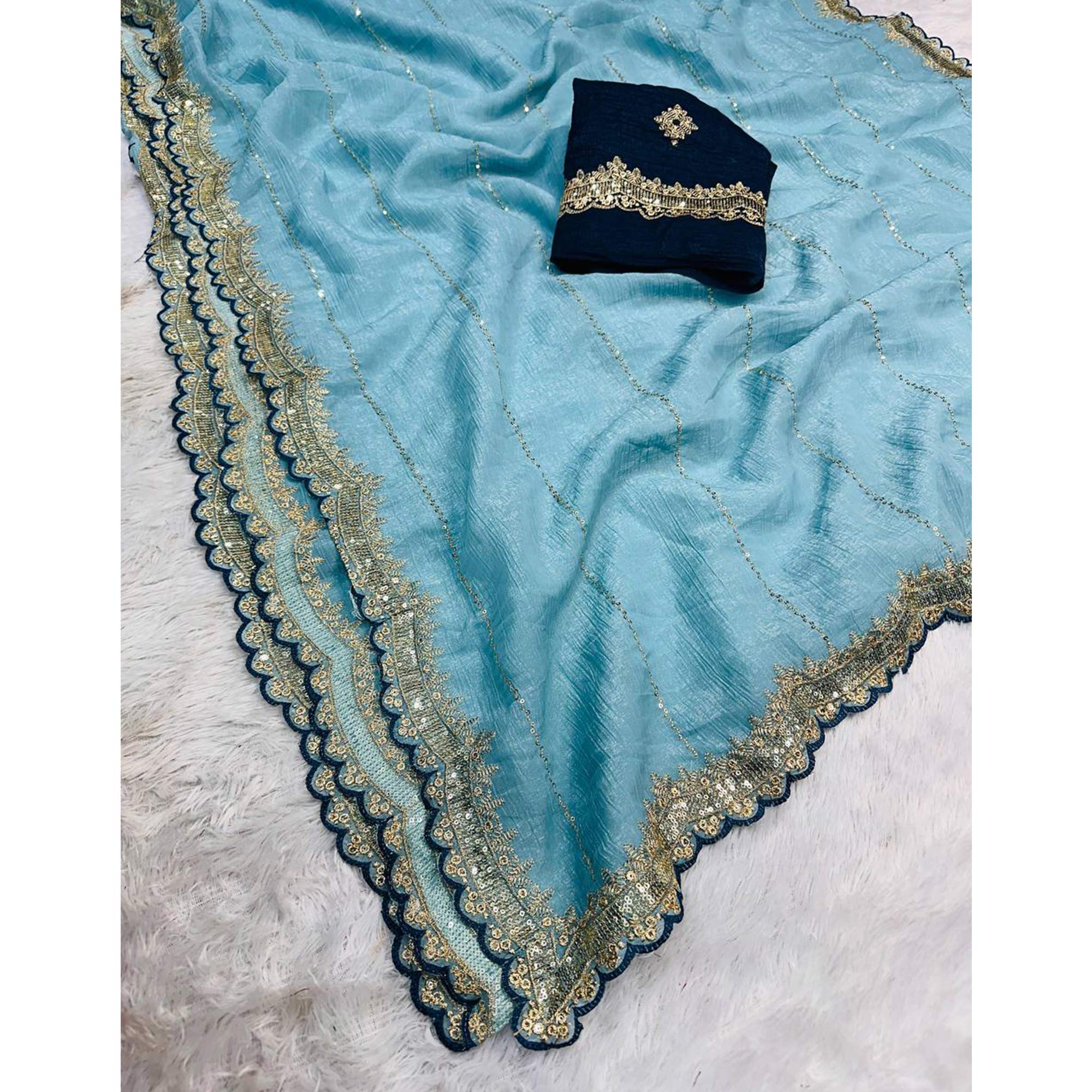 Blue Sequins Embroidered Tussar silk Saree - Image 4