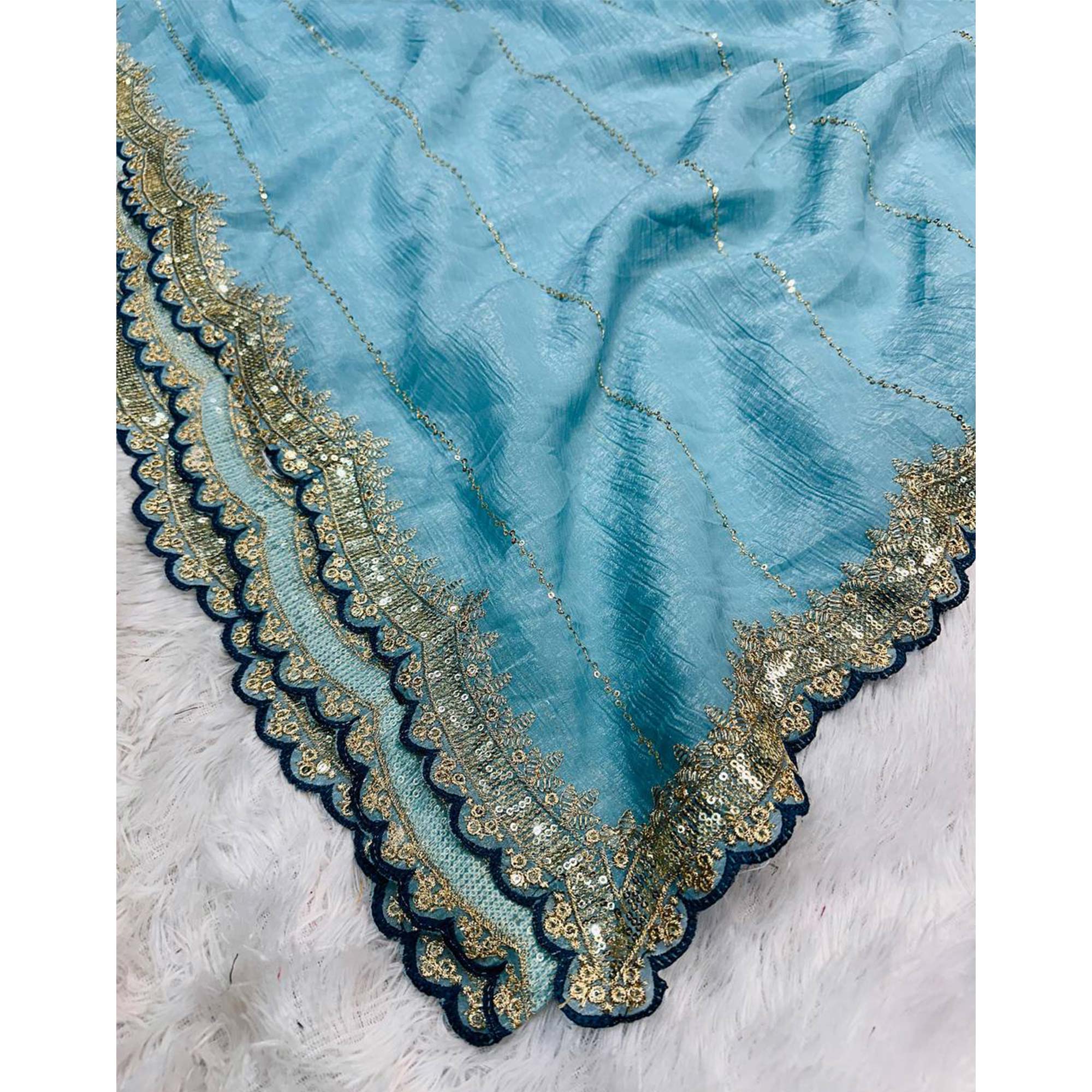Blue Sequins Embroidered Tussar silk Saree - Image 5