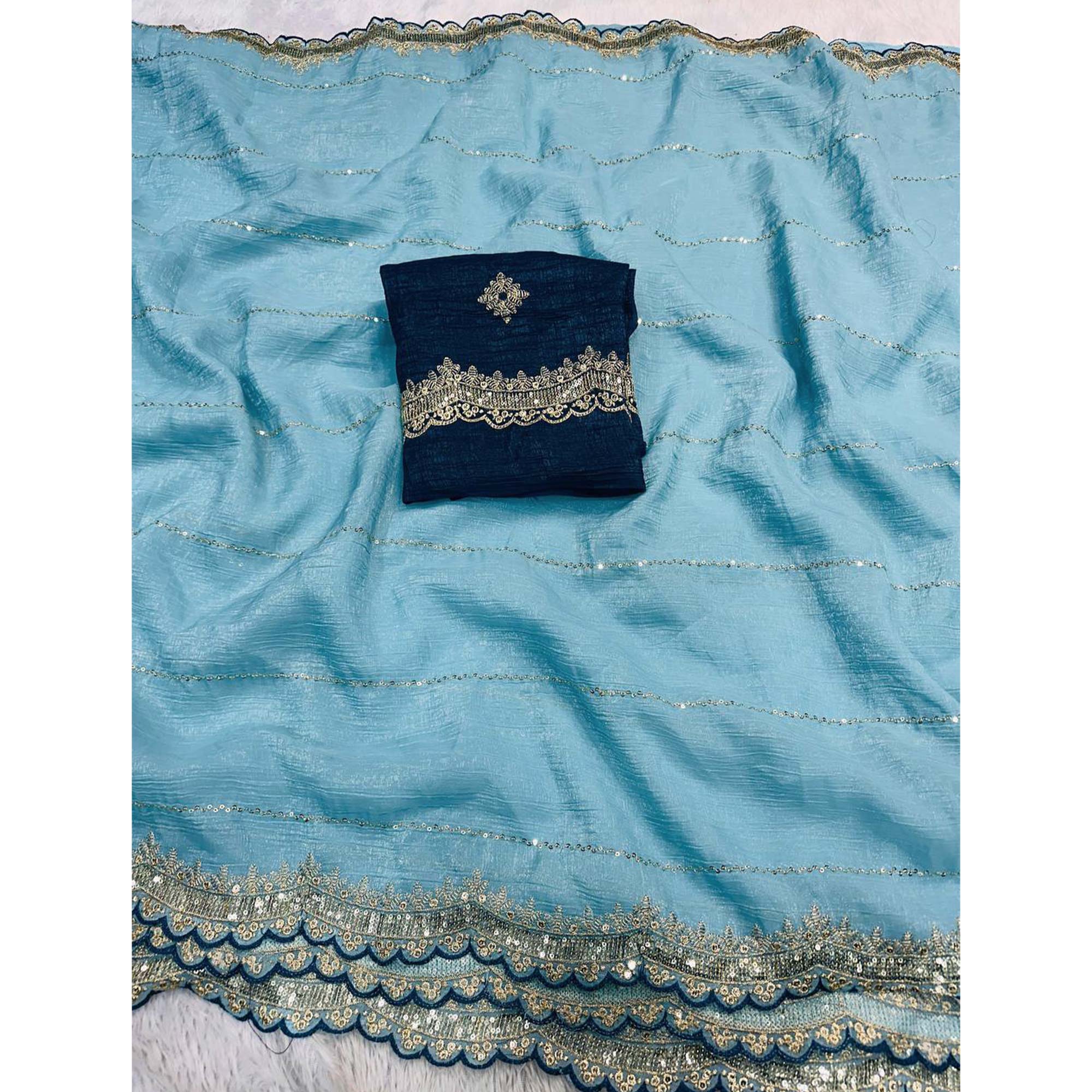 Blue Sequins Embroidered Tussar silk Saree - Image 6