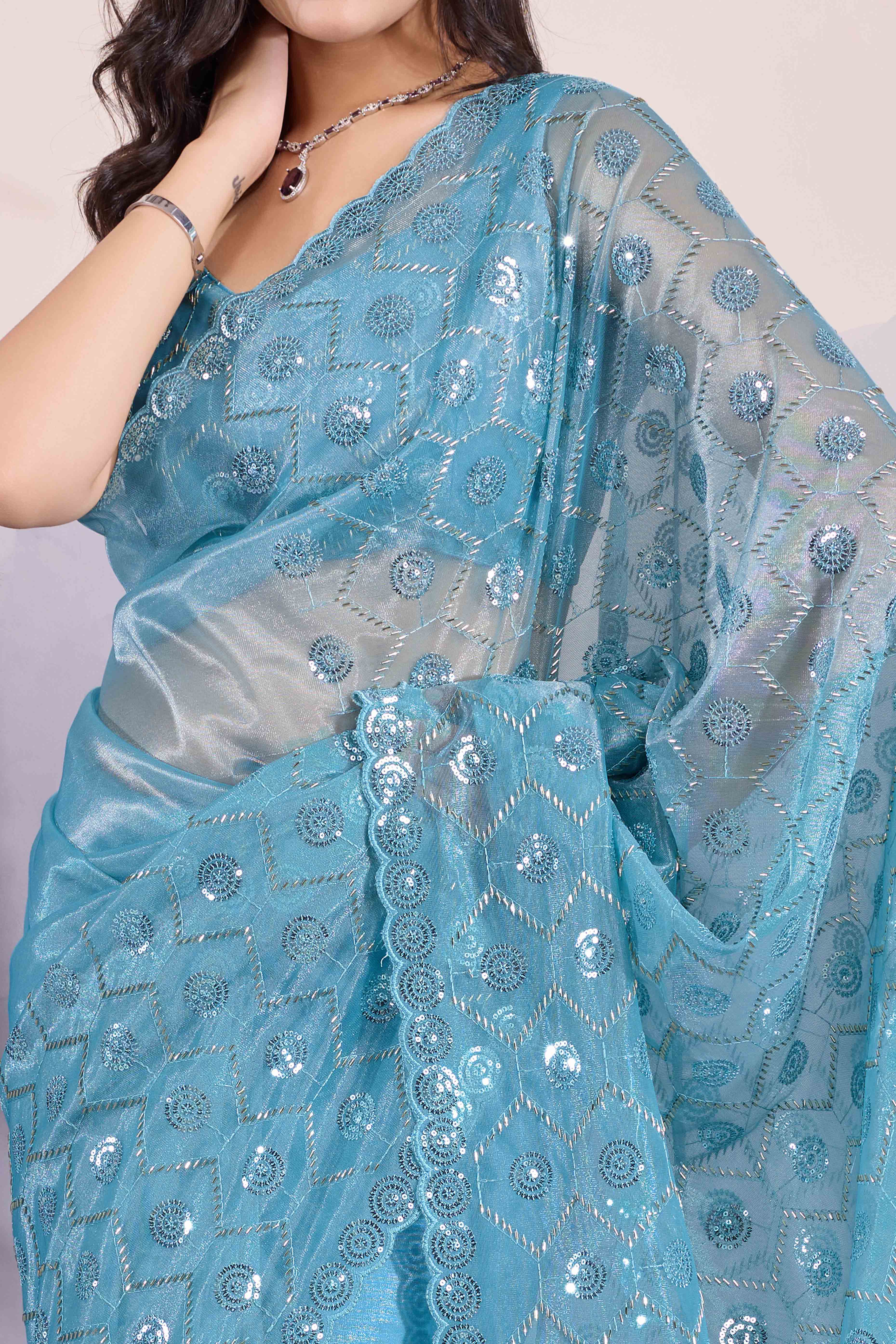 Blue Sequins Embroidered Twill Net Saree - Image 2