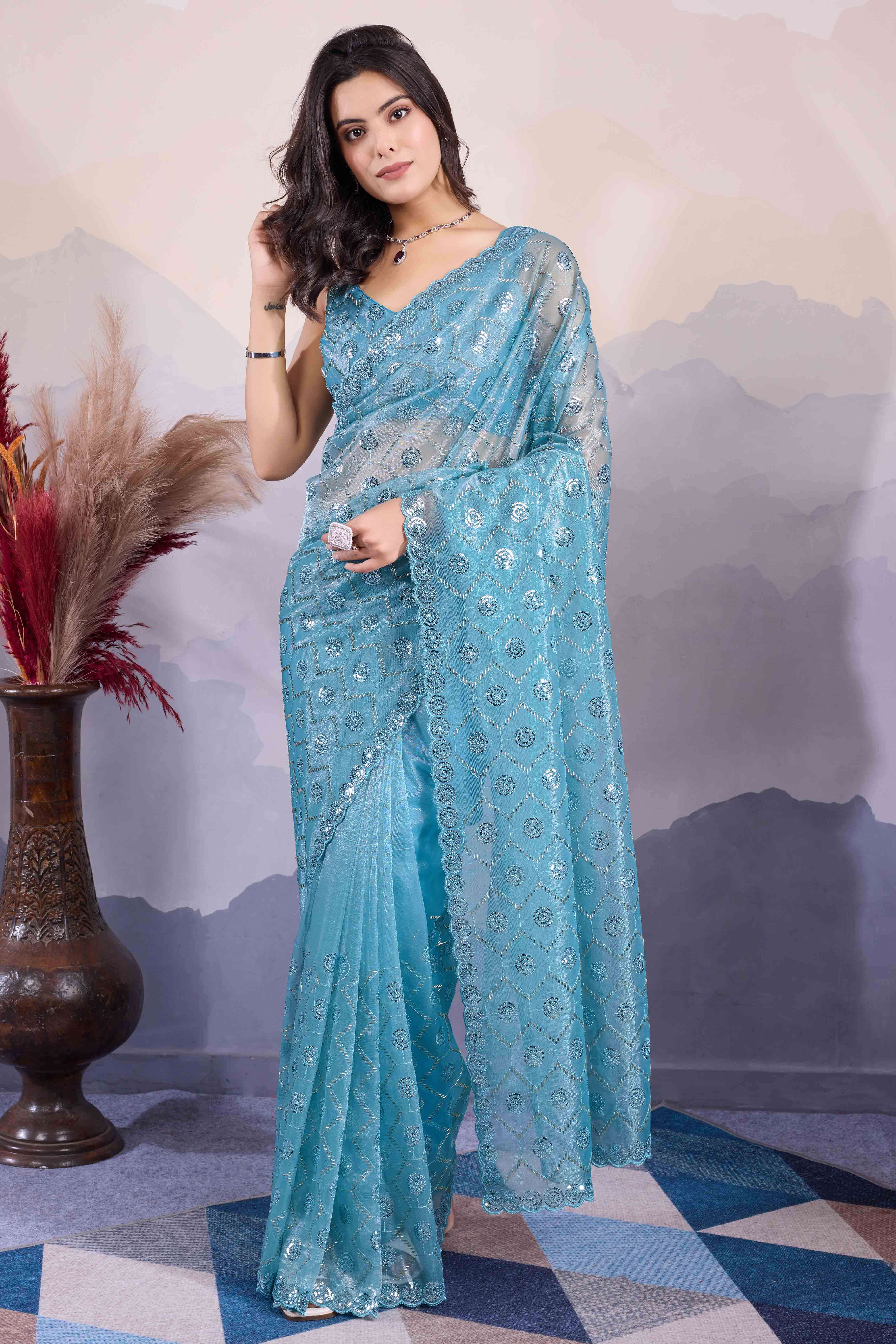 Blue Sequins Embroidered Twill Net Saree - Image 3