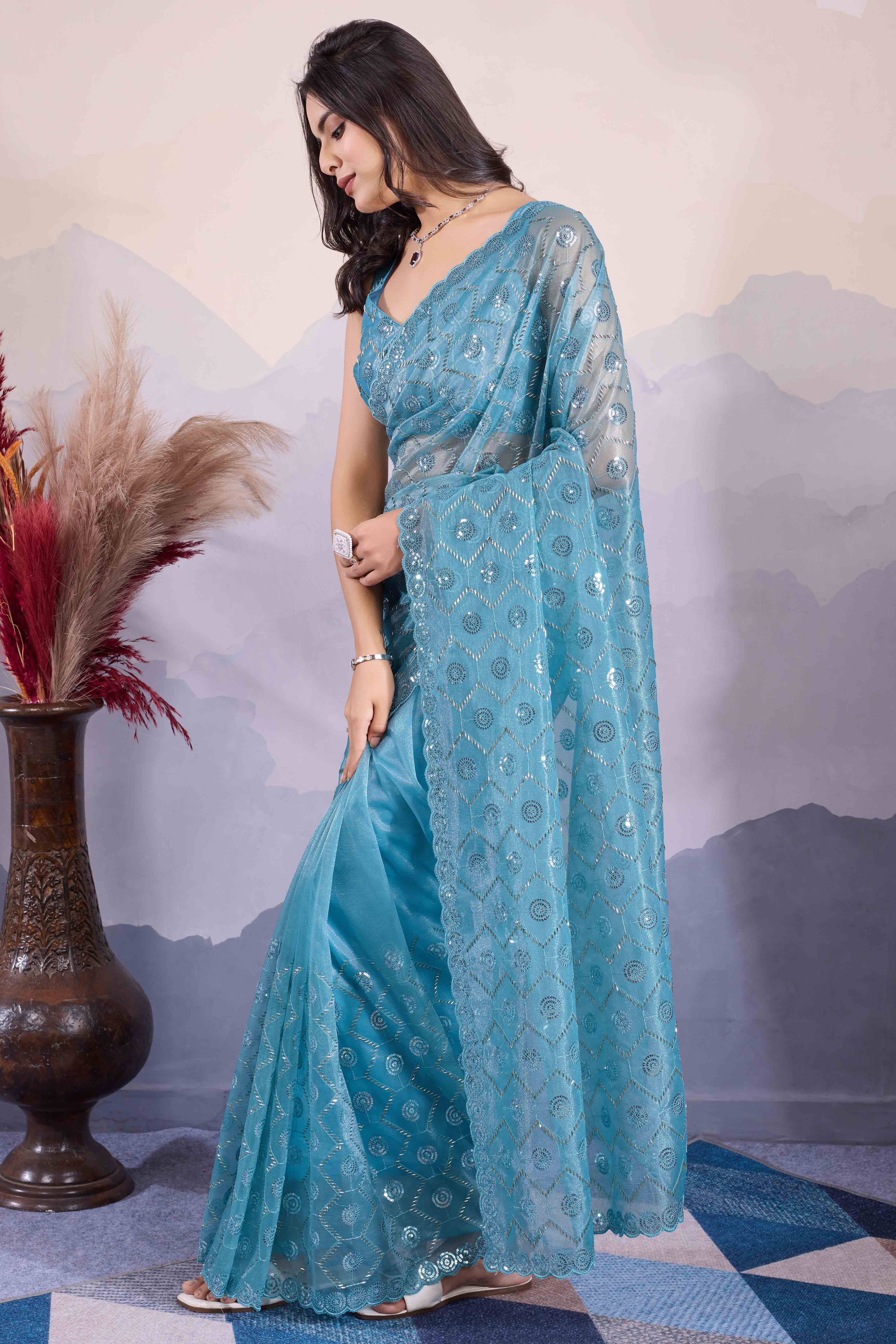 Blue Sequins Embroidered Twill Net Saree - Image 4