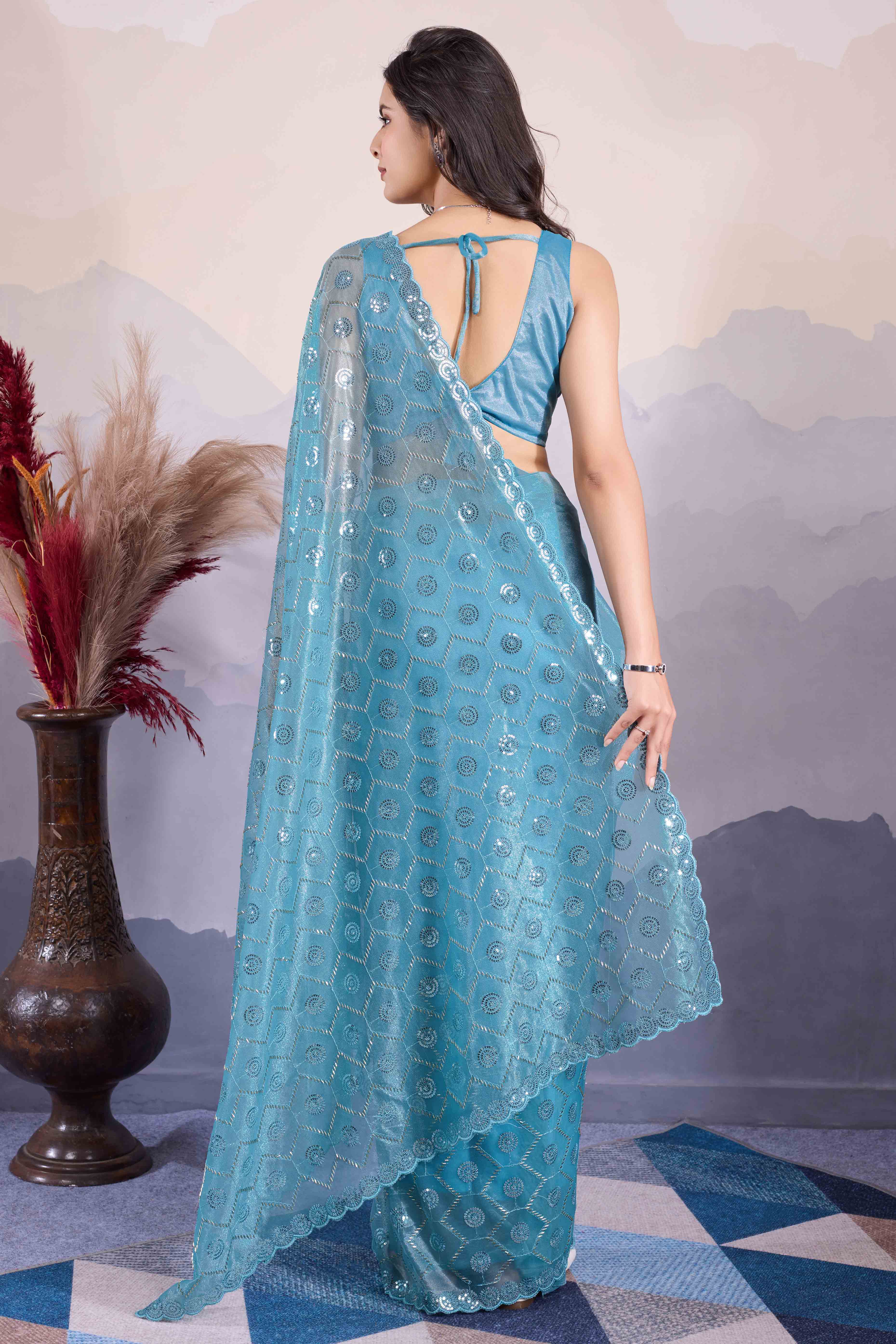 Blue Sequins Embroidered Twill Net Saree - Image 5