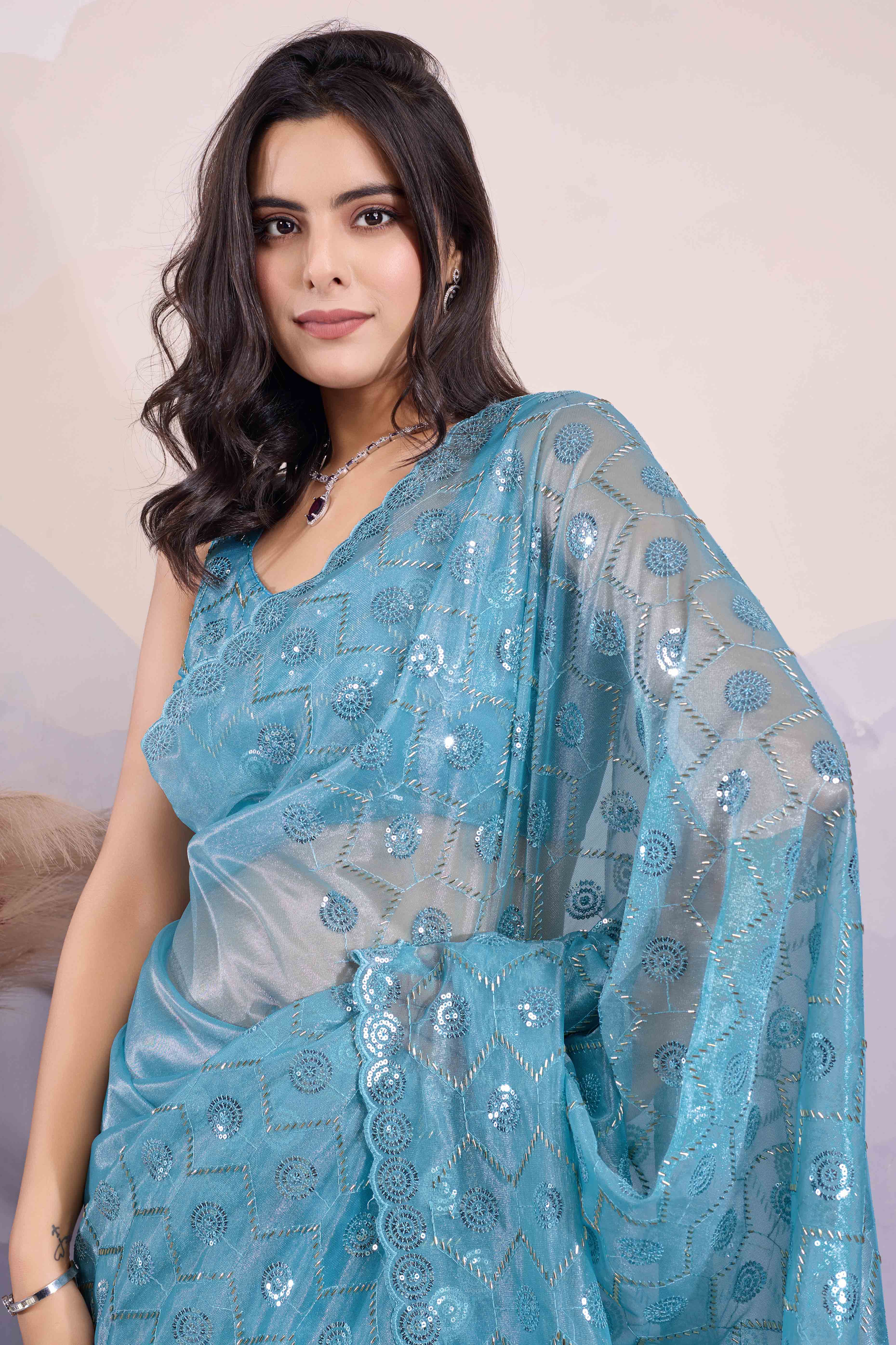 Blue Sequins Embroidered Twill Net Saree - Image 6