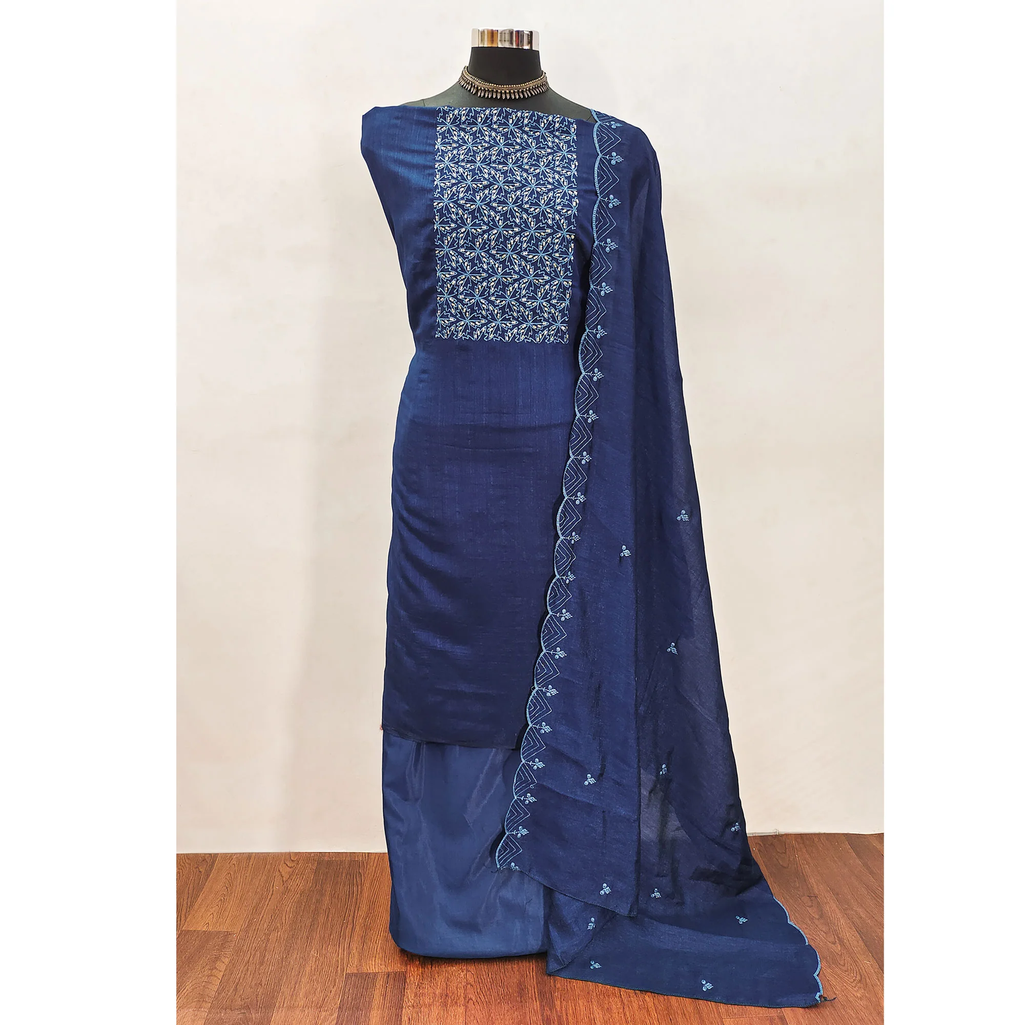 Blue Sequins Embroidered Vichitra Silk Dress Material - Image 3