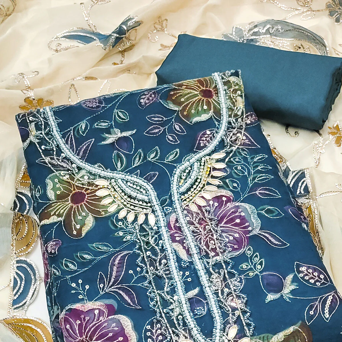 Blue Sequins Embroidery With Handwork Organza Dress Material - Image 2