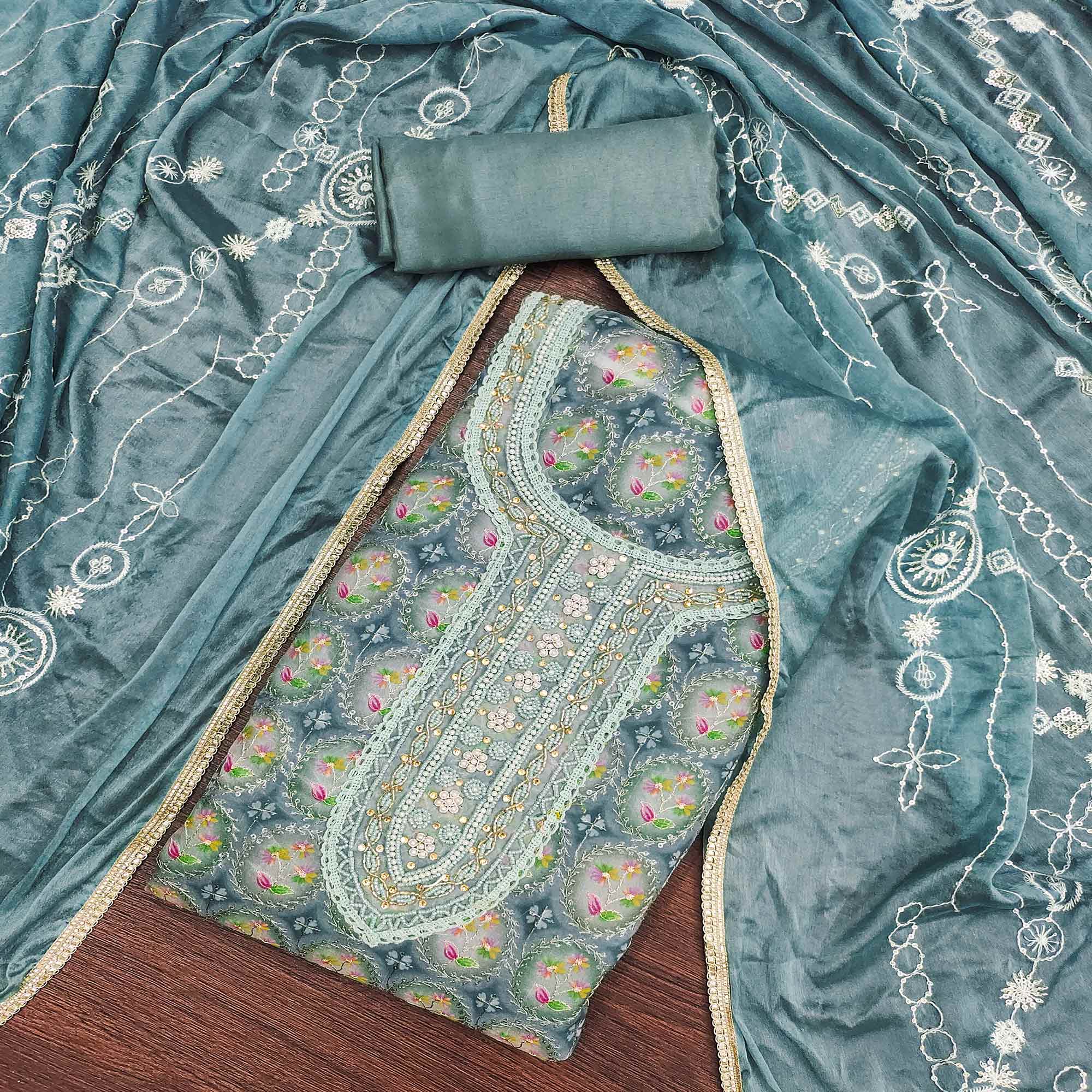 Blue Sequins Embroidery With Handwork Organza Dress Material - Image 3