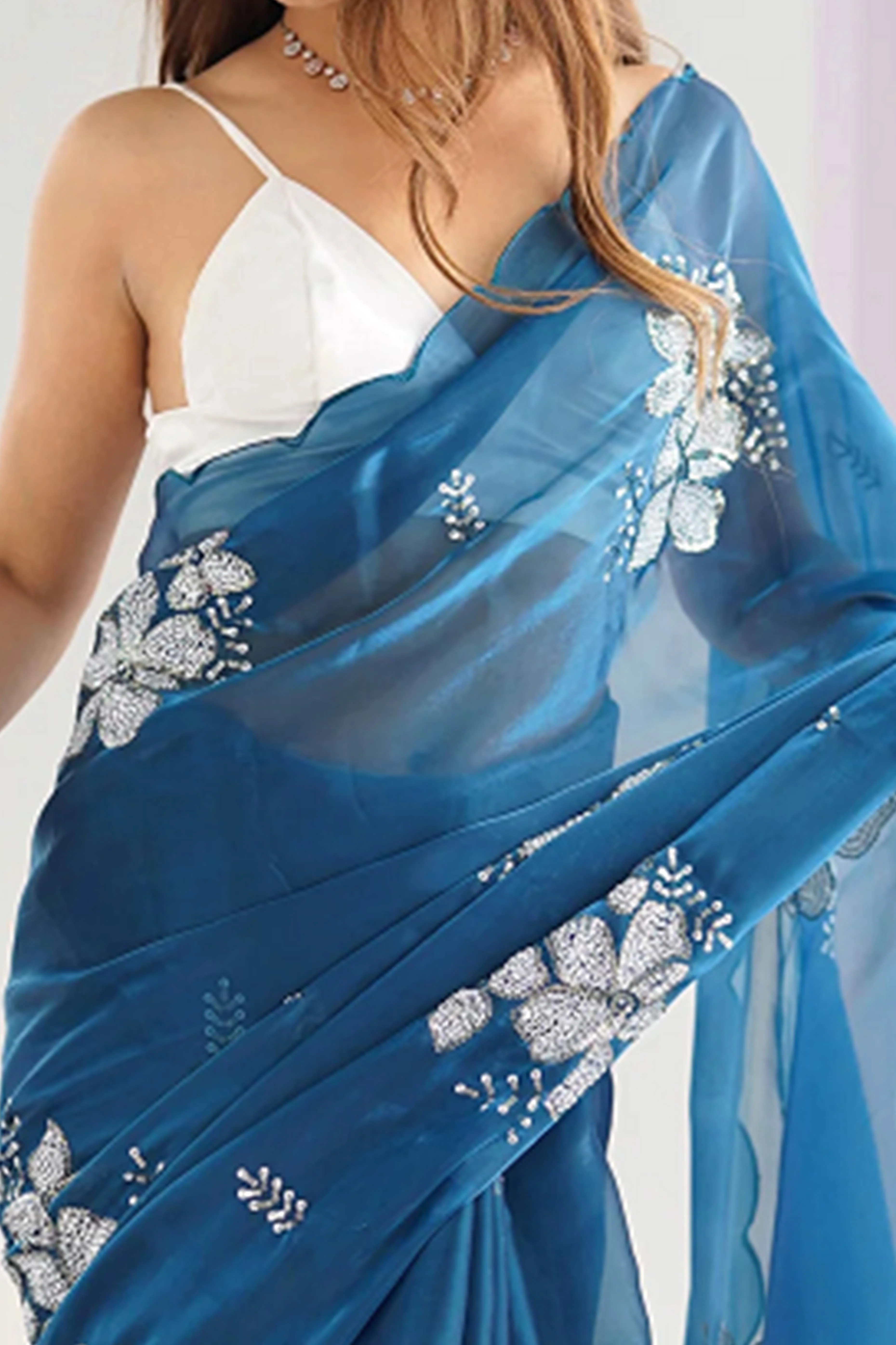 Blue Sequins Floral Embroidered Organza Saree - Image 2