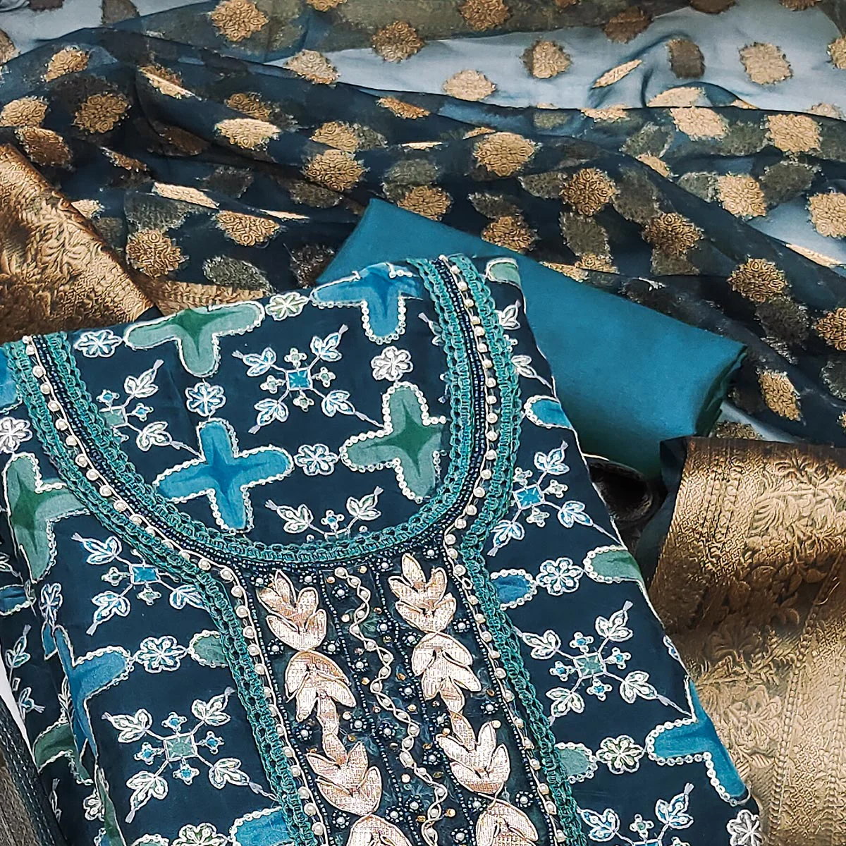 Blue Sequins Hand Embroidery Organza Dress Material - Image 2