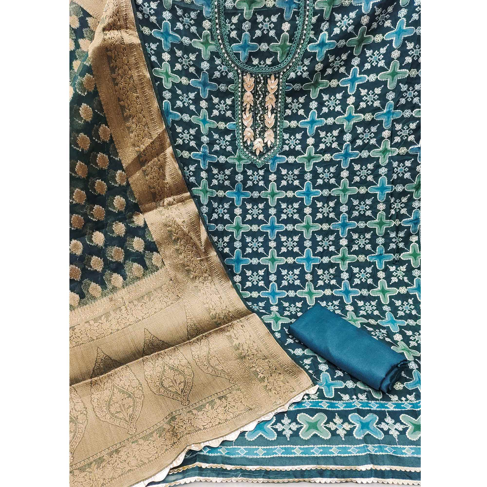 Blue Sequins Hand Embroidery Organza Dress Material - Image 4