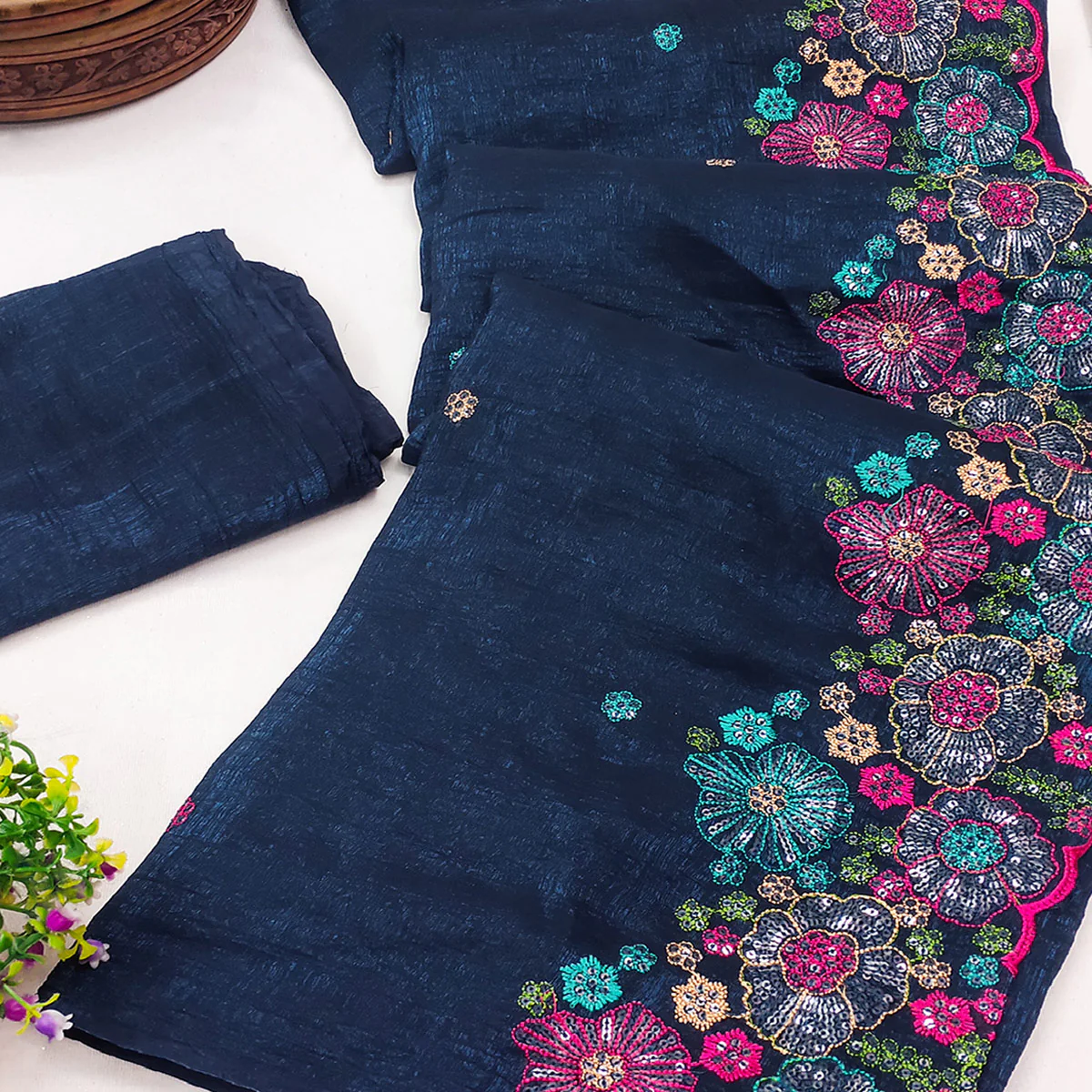 Blue Sheer Chiffon Saree with Artistic Floral Sequins Work - Image 2
